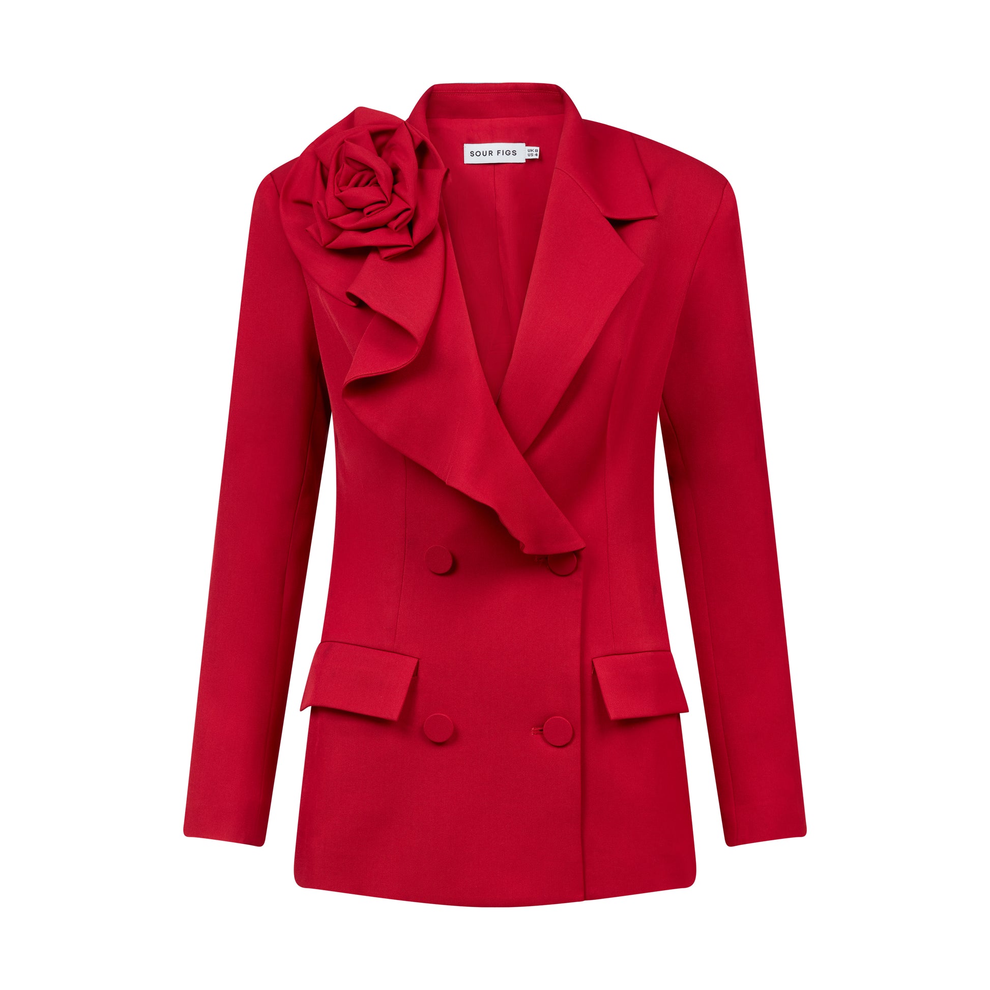 Flat lay of SOUR FIGS Rose-Detail Double-Breasted Blazer in Vivid Burgundy Red showing buttons and rose detail.