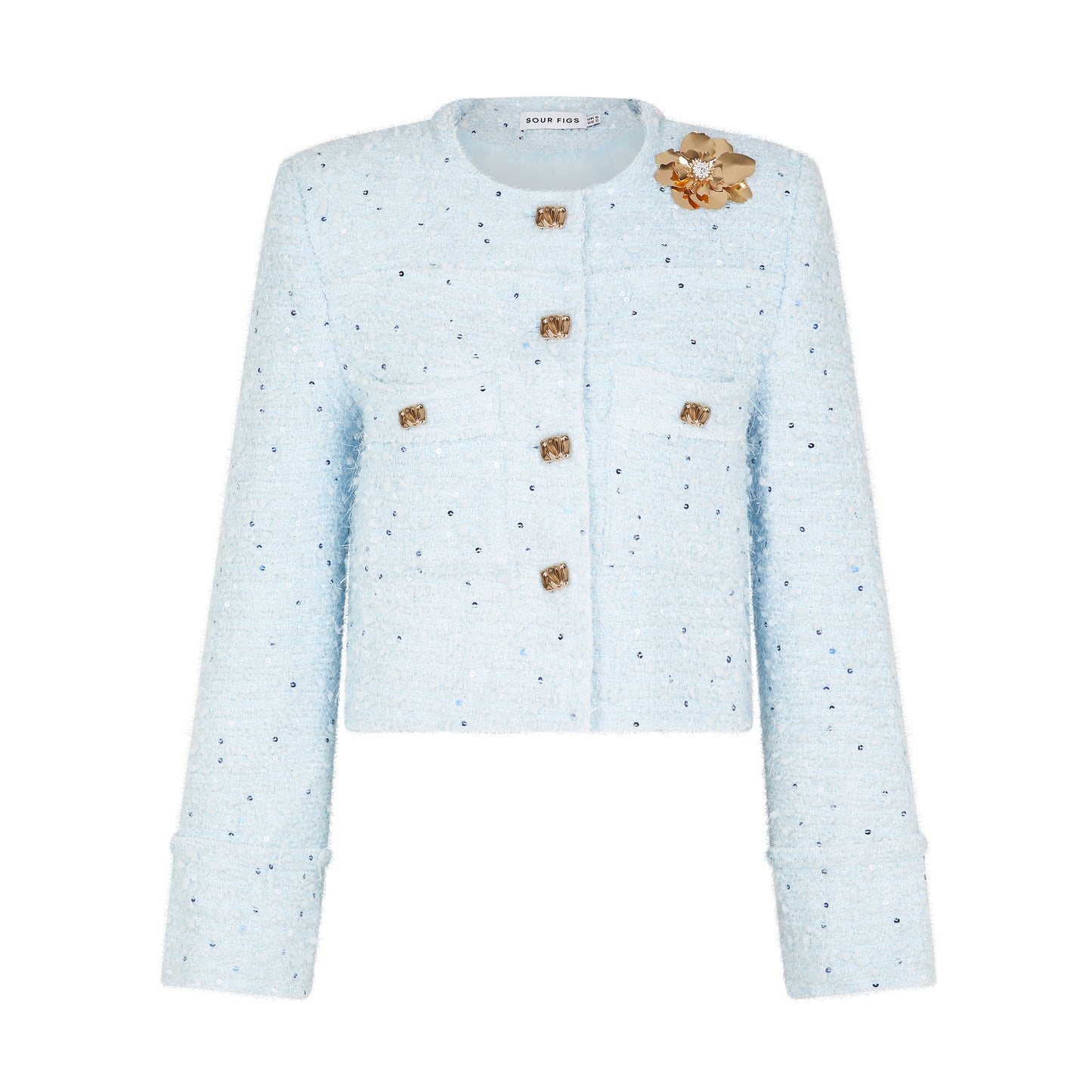 SOUR FIGS Sequined Brooch-detail Bouclé Tweed Jacket in Baby Blue