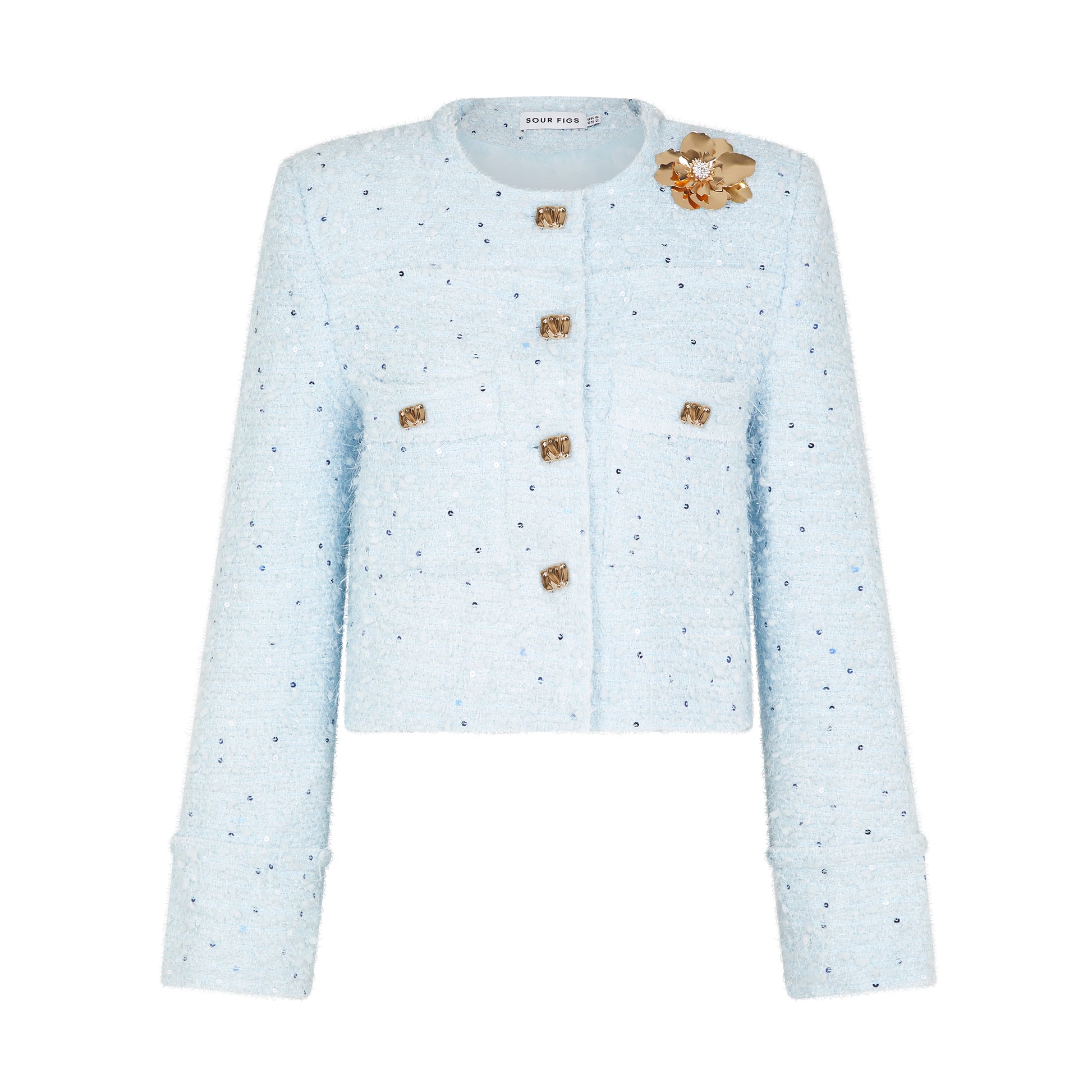 SOUR FIGS Sequined Brooch-detail Bouclé Tweed Jacket in Baby Blue