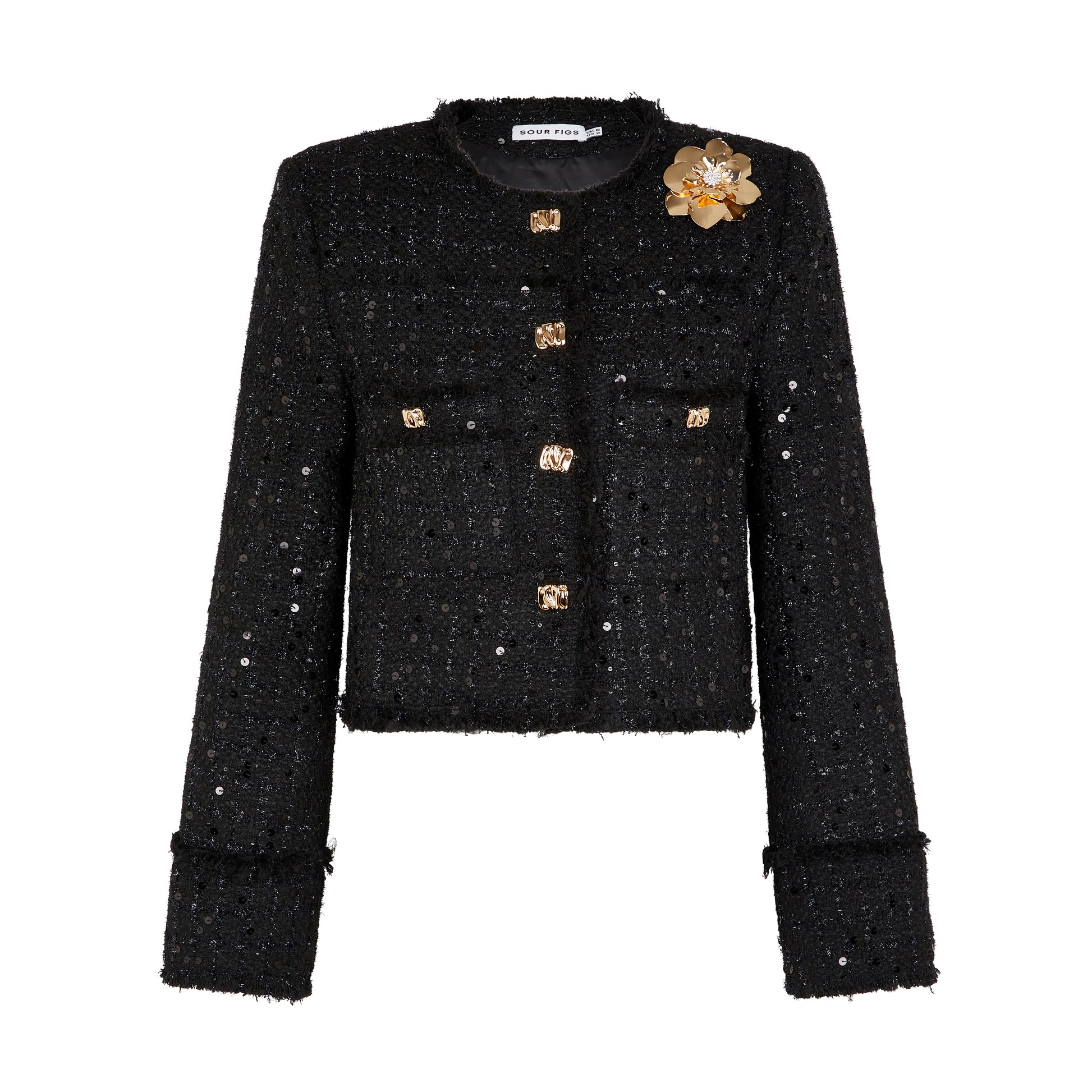 SOUR FIGS Sequined Brooch-detail Bouclé Tweed Jacket in Black