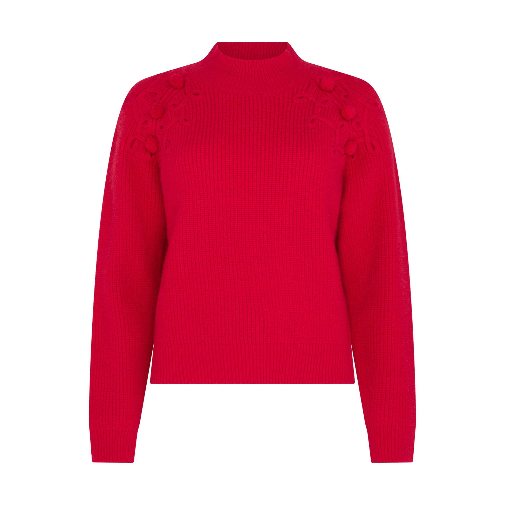 Flat studio image of Shoulder-Detail Bobble-Knit Jumper in Crimson Red from SOUR FIGS