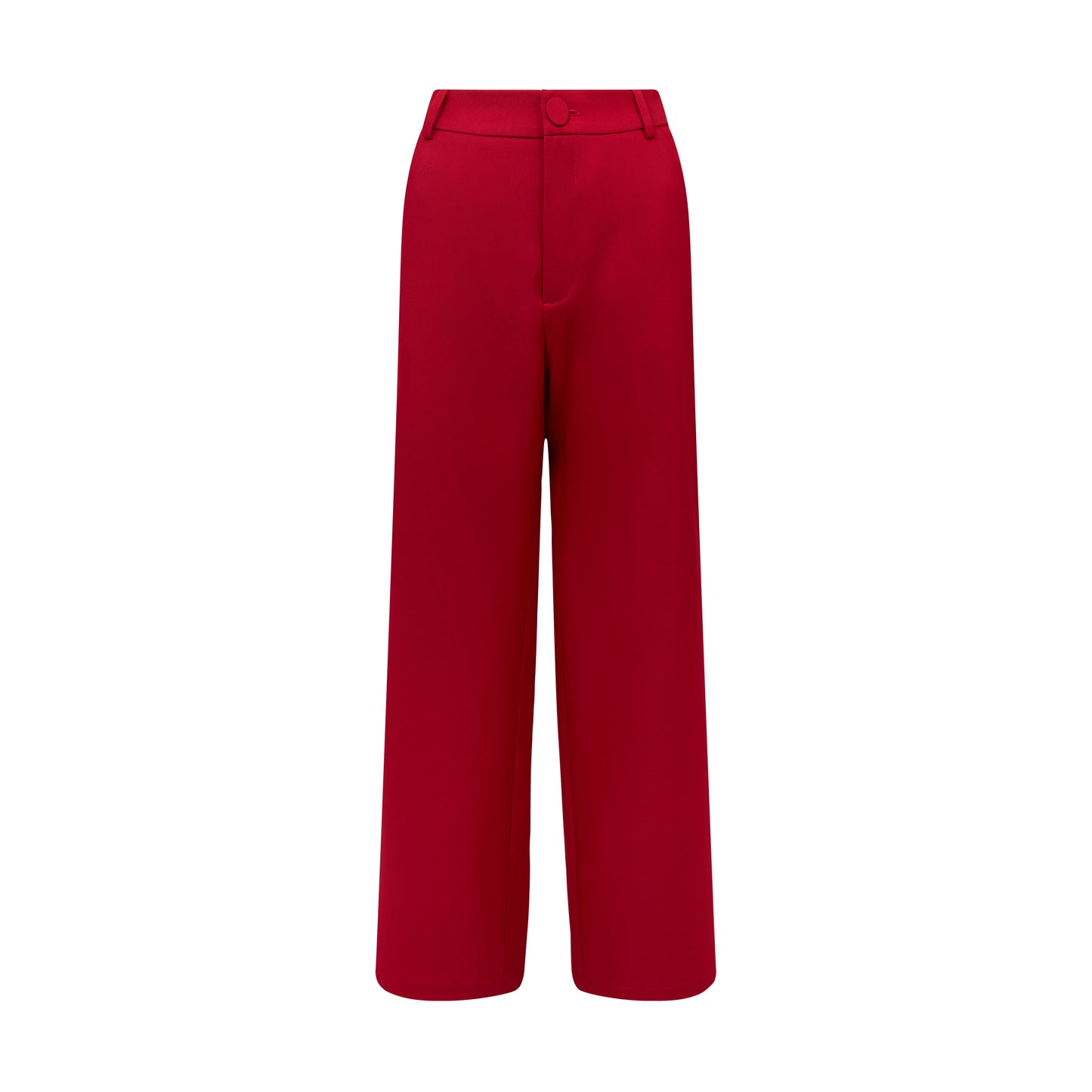 Flat lay of SOUR FIGS Tailored High-Waisted Wide-Leg Trousers in Vivid Burgundy Red.