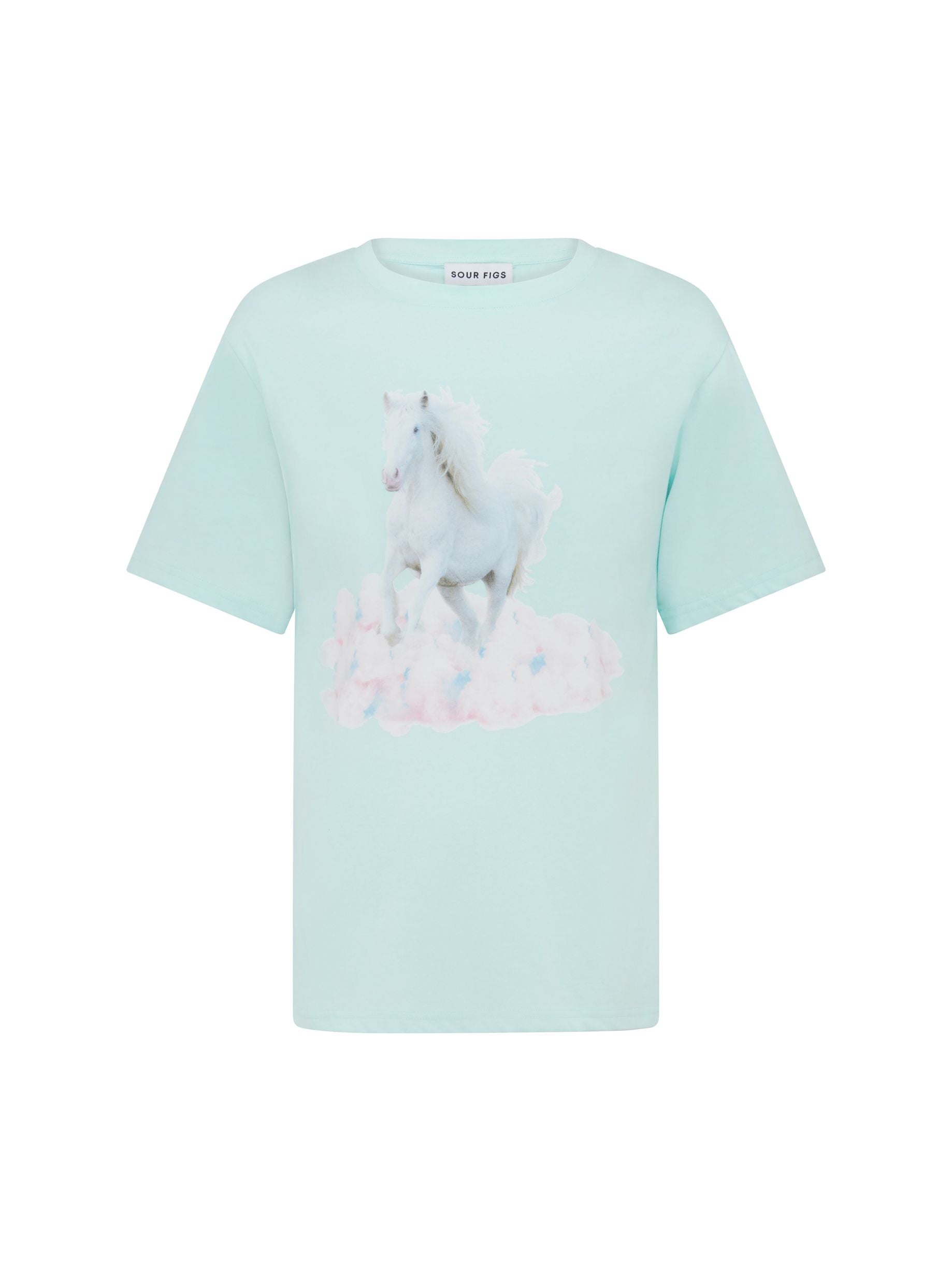SOUR FIGS White Horse Print Unisex T-Shirt in Light Mint Green
