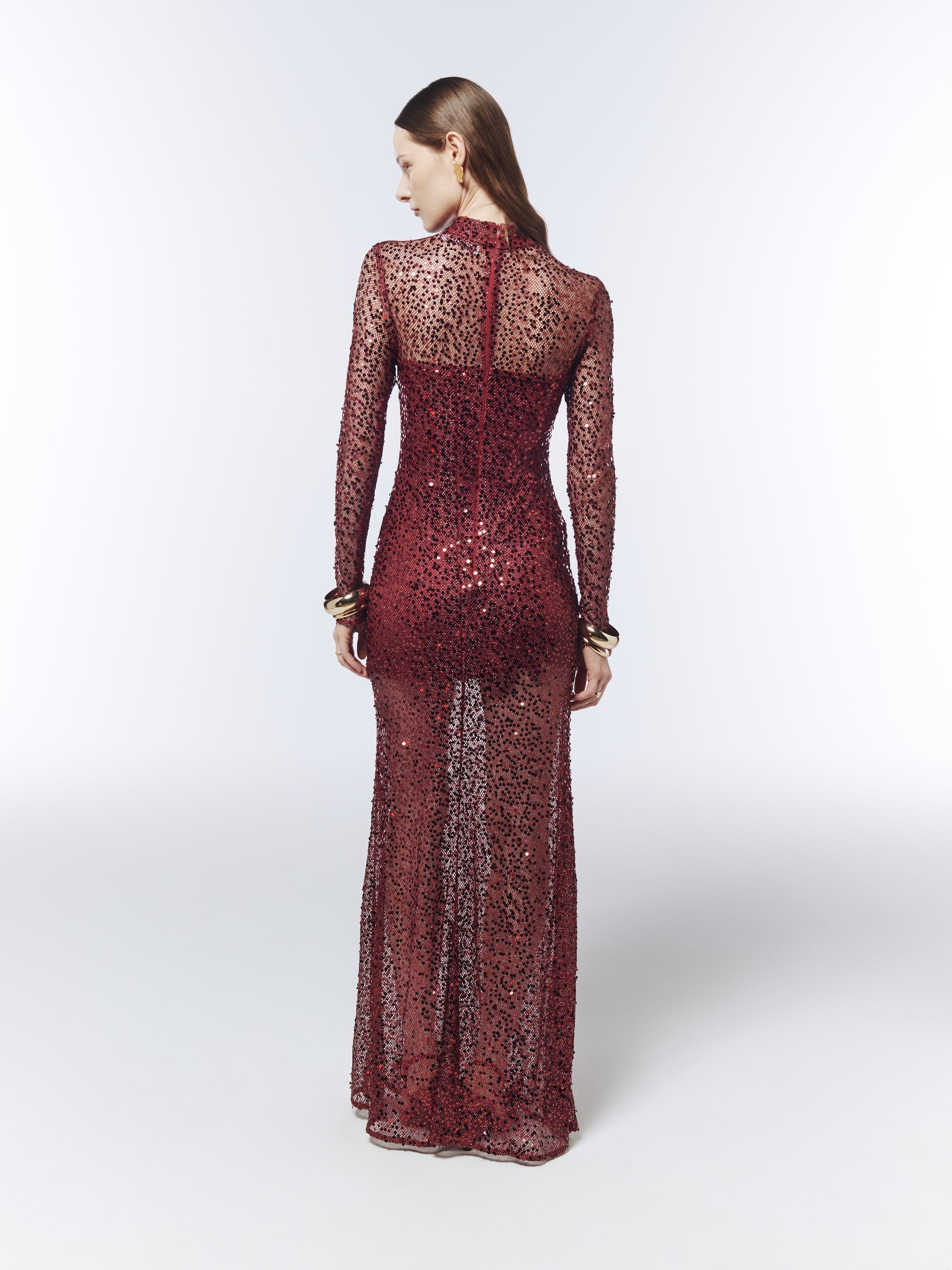 SOUR FIGS sheer sequin evening dress in Garnet Noir Red for formal events, parties and occasionwear