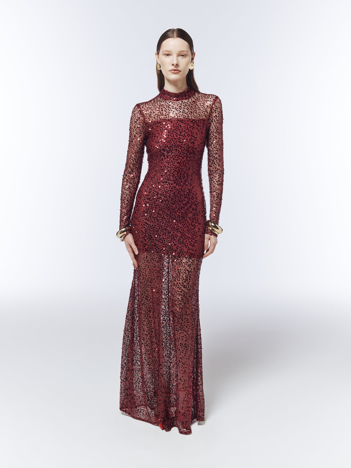 SOUR FIGS Sequin-Embellished Sheer Mesh Gown in Garnet Noir Red with long sleeves and fitted silhouette