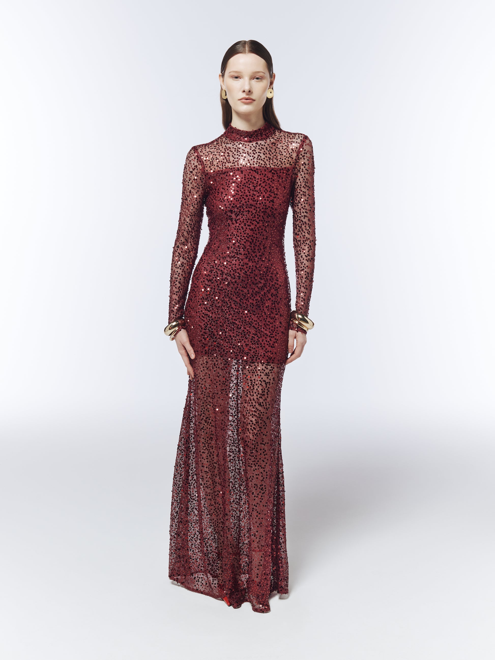 SOUR FIGS Sequin-Embellished Sheer Mesh Gown in Garnet Noir Red with long sleeves and fitted silhouette