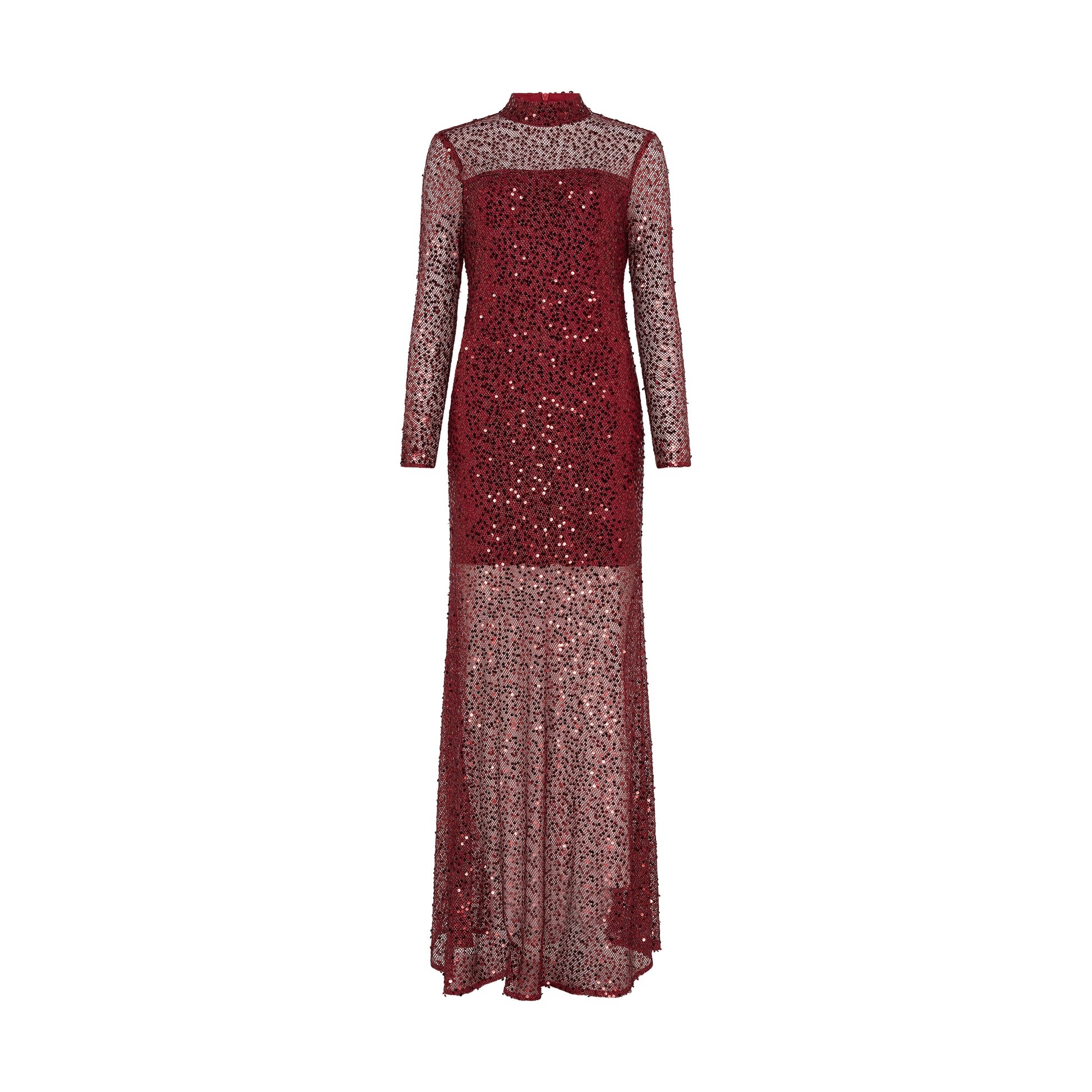 SOUR FIGS statement red evening gown with all-over sequins and sheer mesh detailing