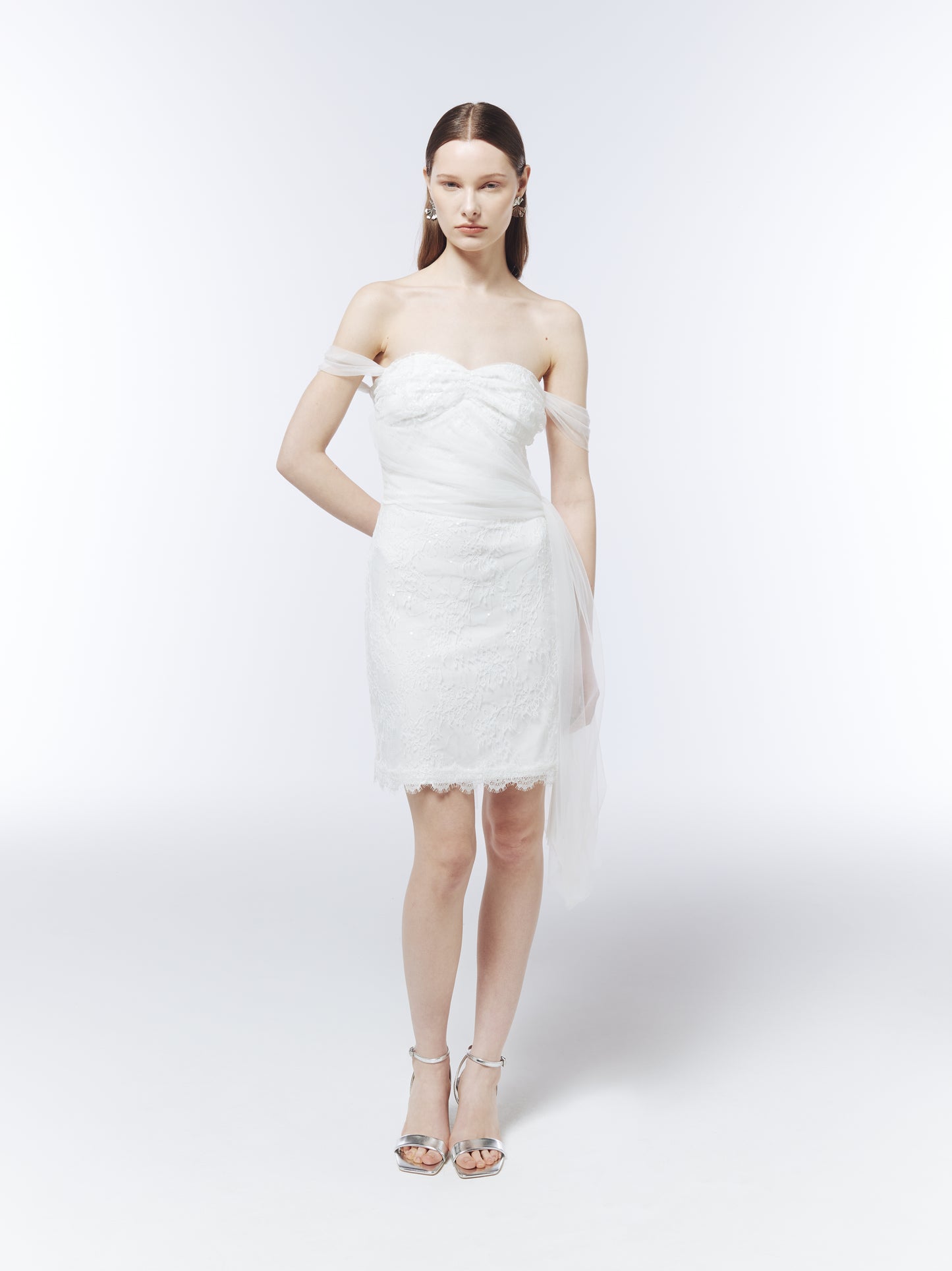 SOUR FIGS Sequinned Lace Off-Shoulder Mini Dress in Optical White with asymmetric tulle drape.