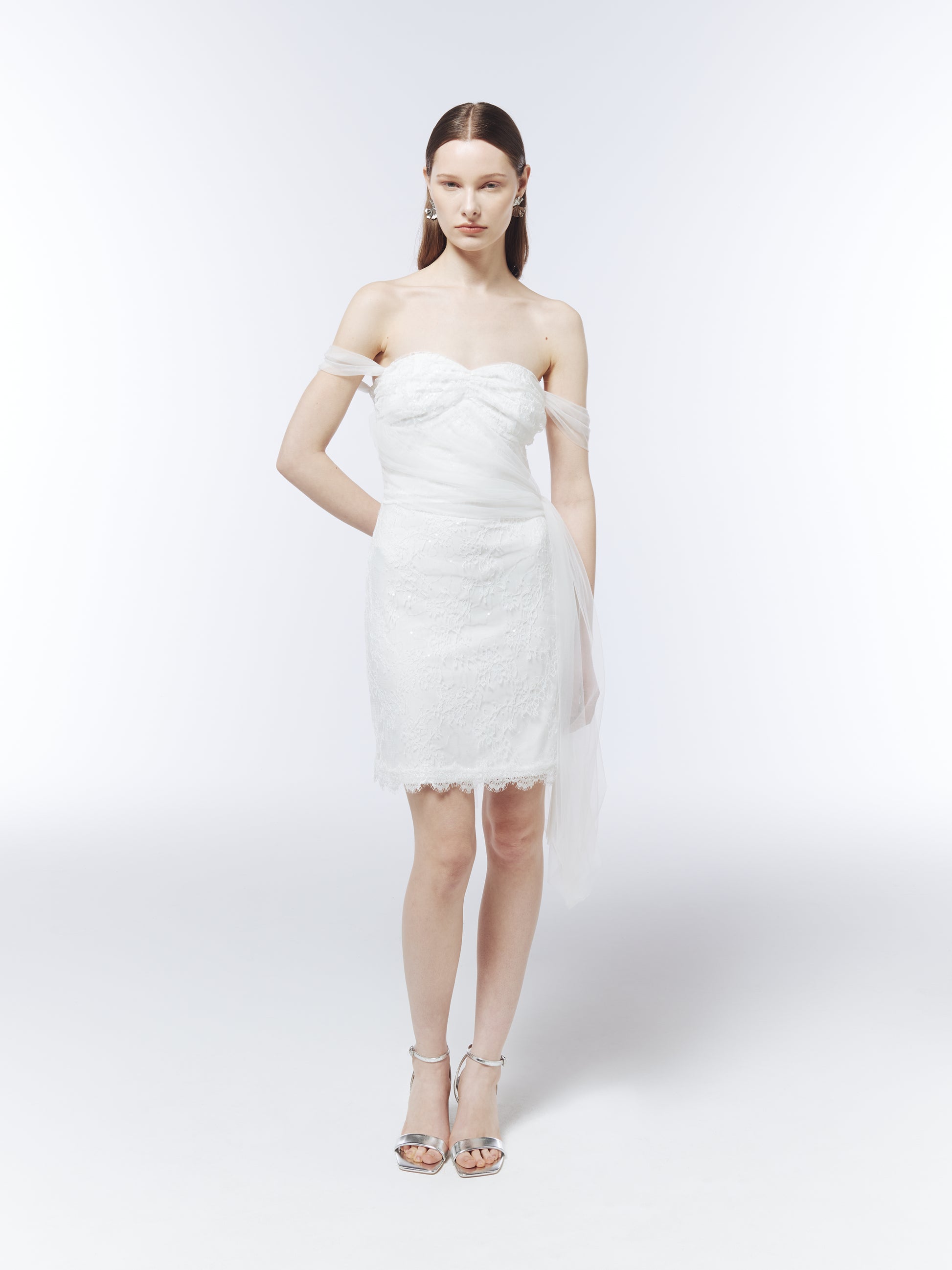 SOUR FIGS Sequinned Lace Off-Shoulder Mini Dress in Optical White with asymmetric tulle drape.