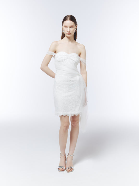 SOUR FIGS Sequinned Lace Off-Shoulder Mini Dress in Optical White with asymmetric tulle drape.