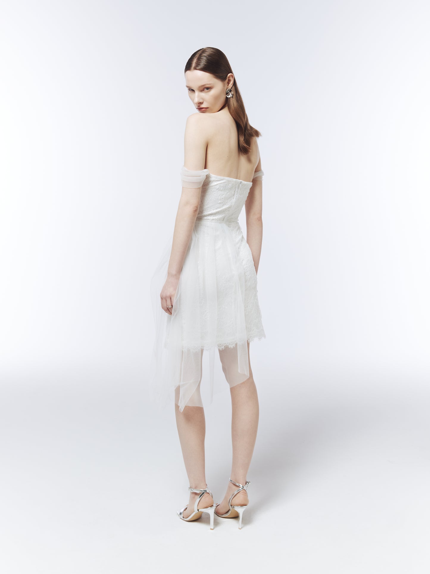 SOUR FIGS off-the-shoulder cocktail dress with fitted lace skirt and sheer tulle detailing.
