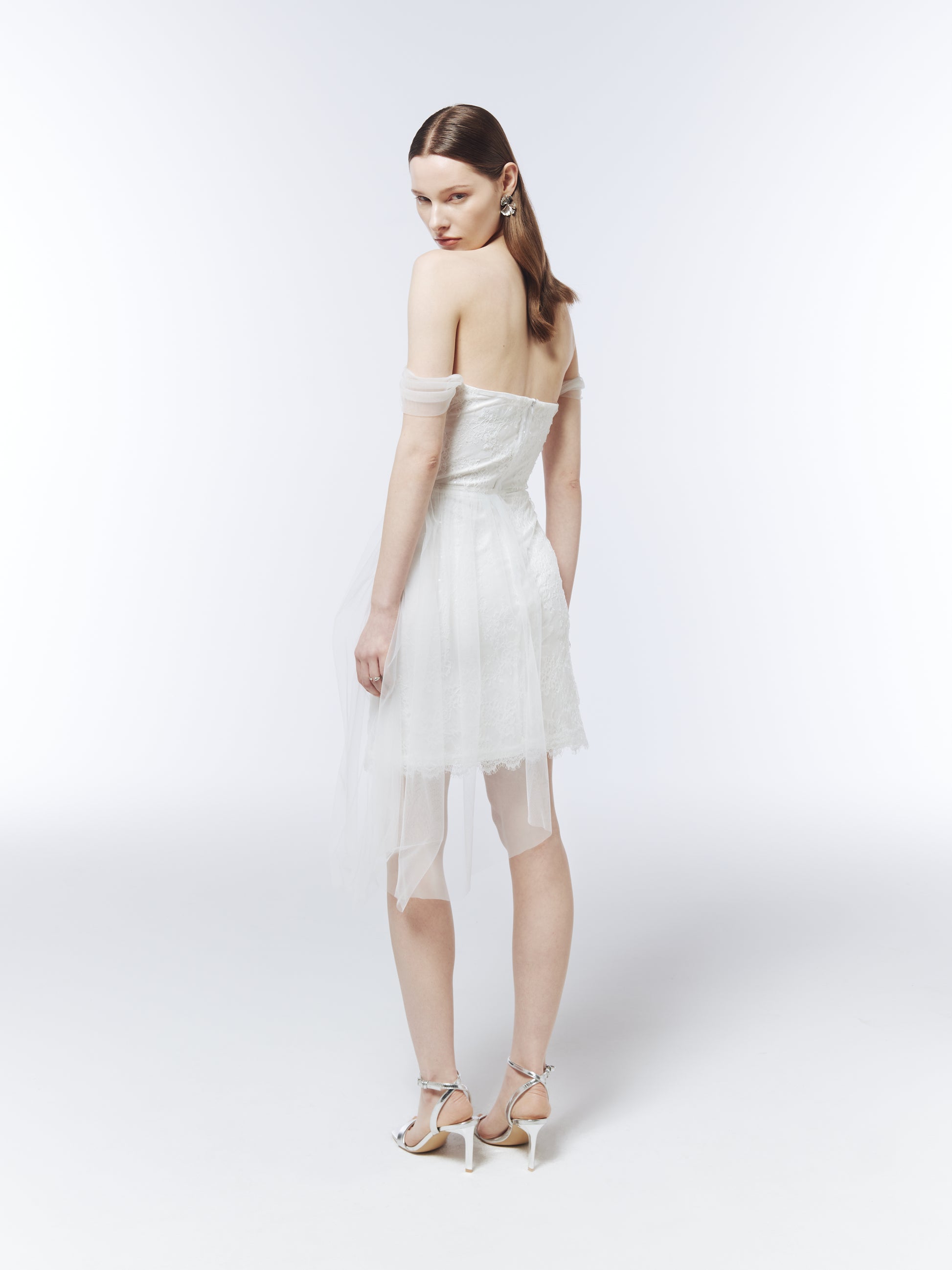 SOUR FIGS off-the-shoulder cocktail dress with fitted lace skirt and sheer tulle detailing.