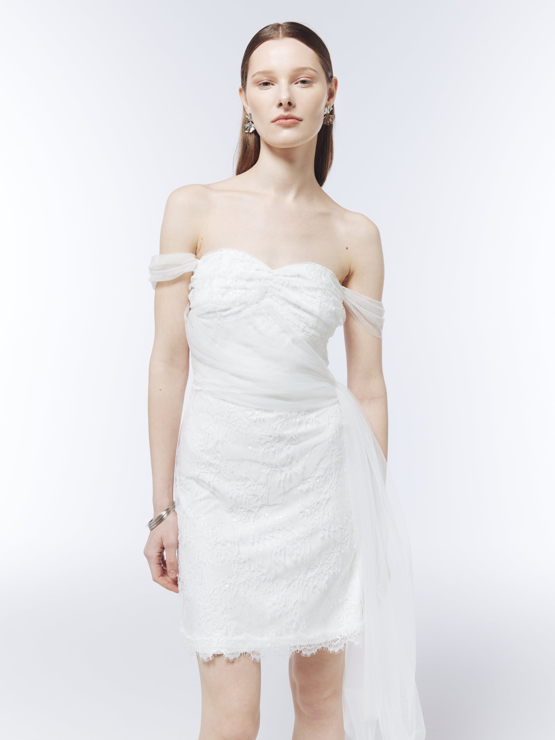 SOUR FIGS fitted bridal mini dress with tonal sequins, ruched tulle and scalloped lace hem.