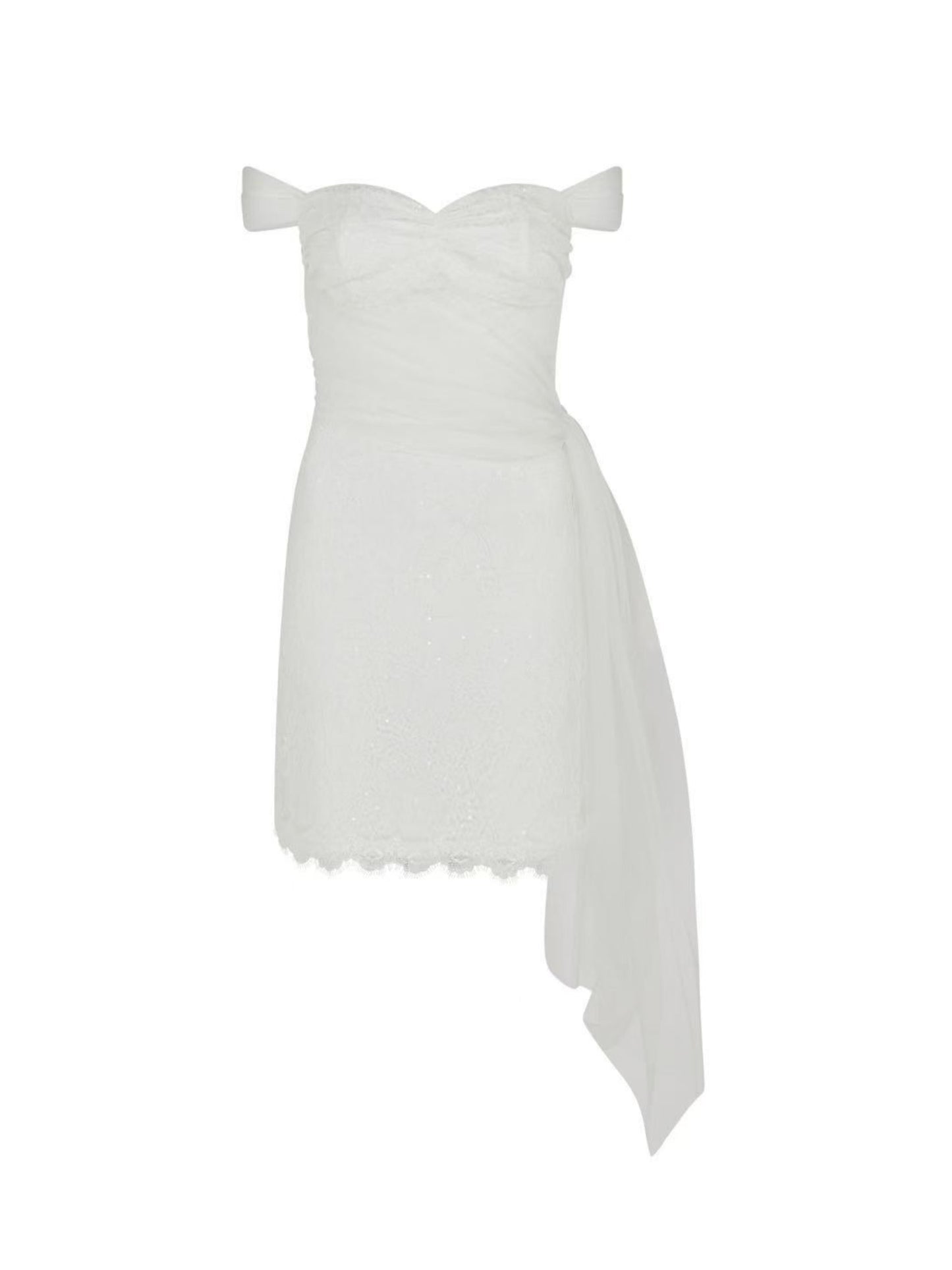 SOUR FIGS modern bridal reception mini dress with sweetheart bodice and subtle sequin embellishment.