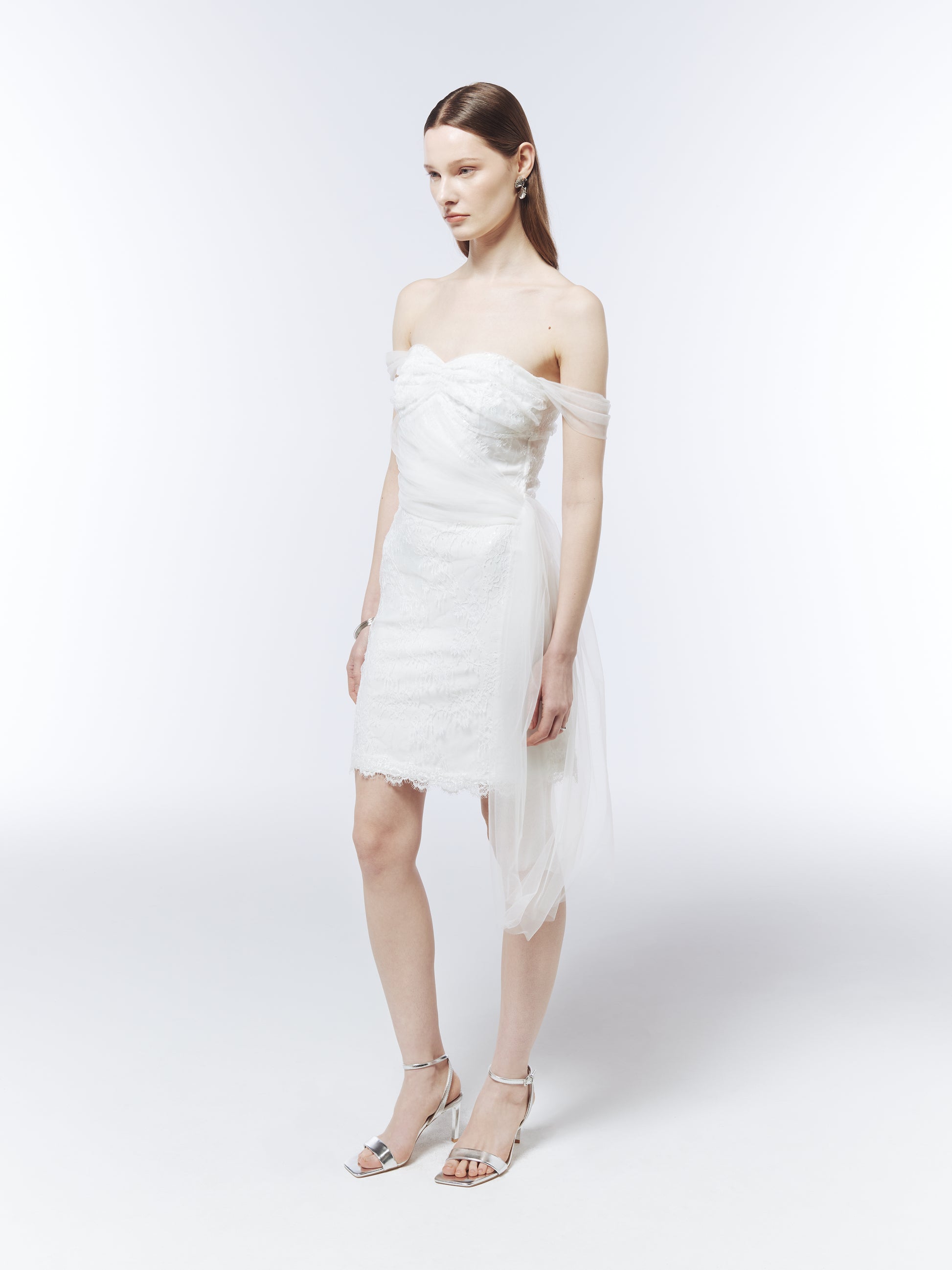 SOUR FIGS Optical White occasion dress with floral lace and a long side drape.