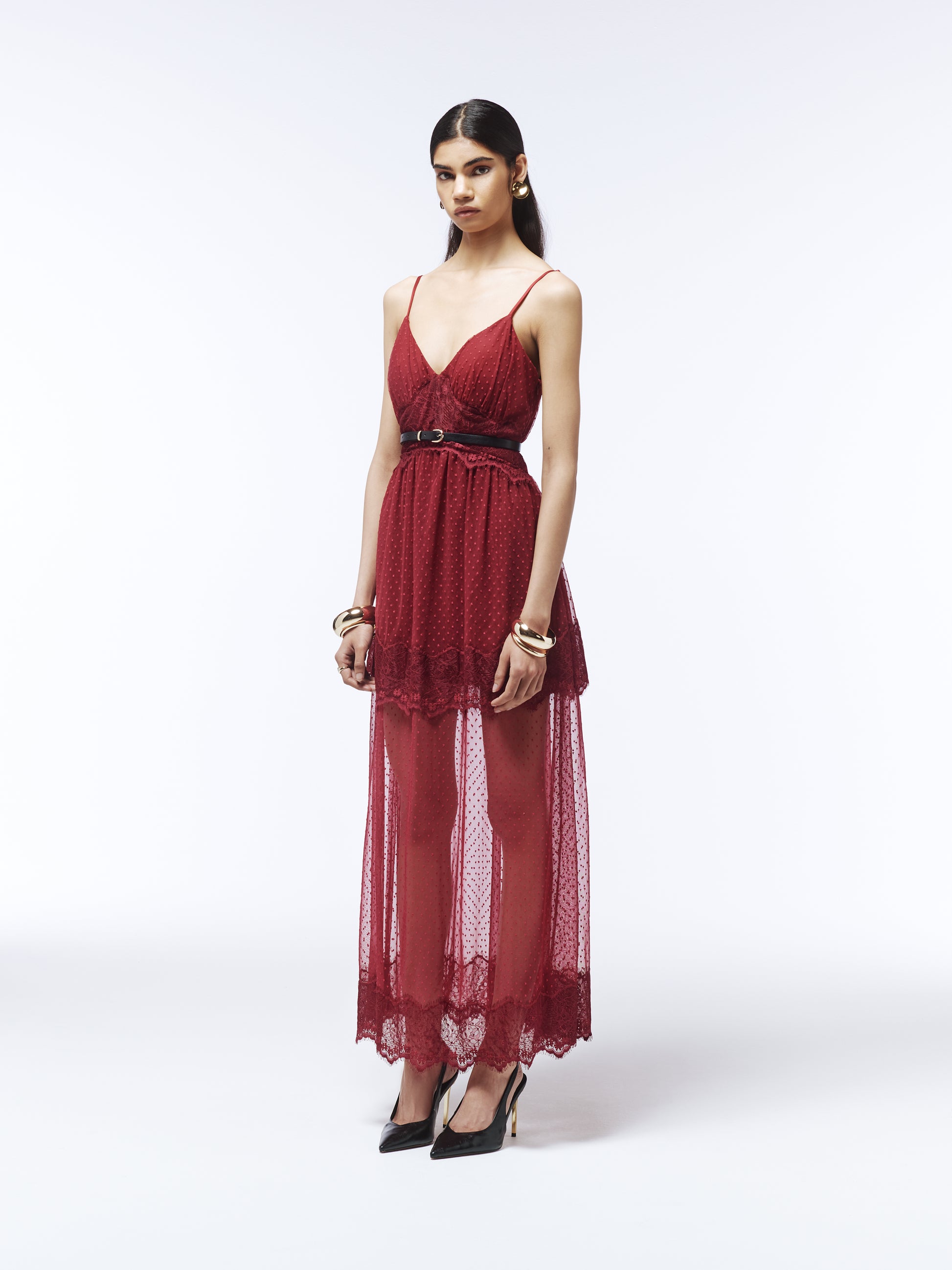 Sour Figs burgundy red lace maxi dress with sheer polka-dot overlay and V-neckline