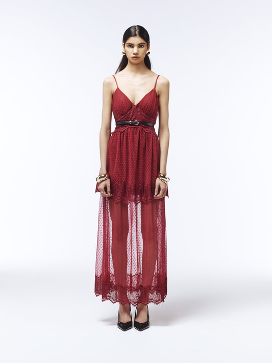 Sour Figs elegant evening maxi dress in burgundy red with lace trim and black belt