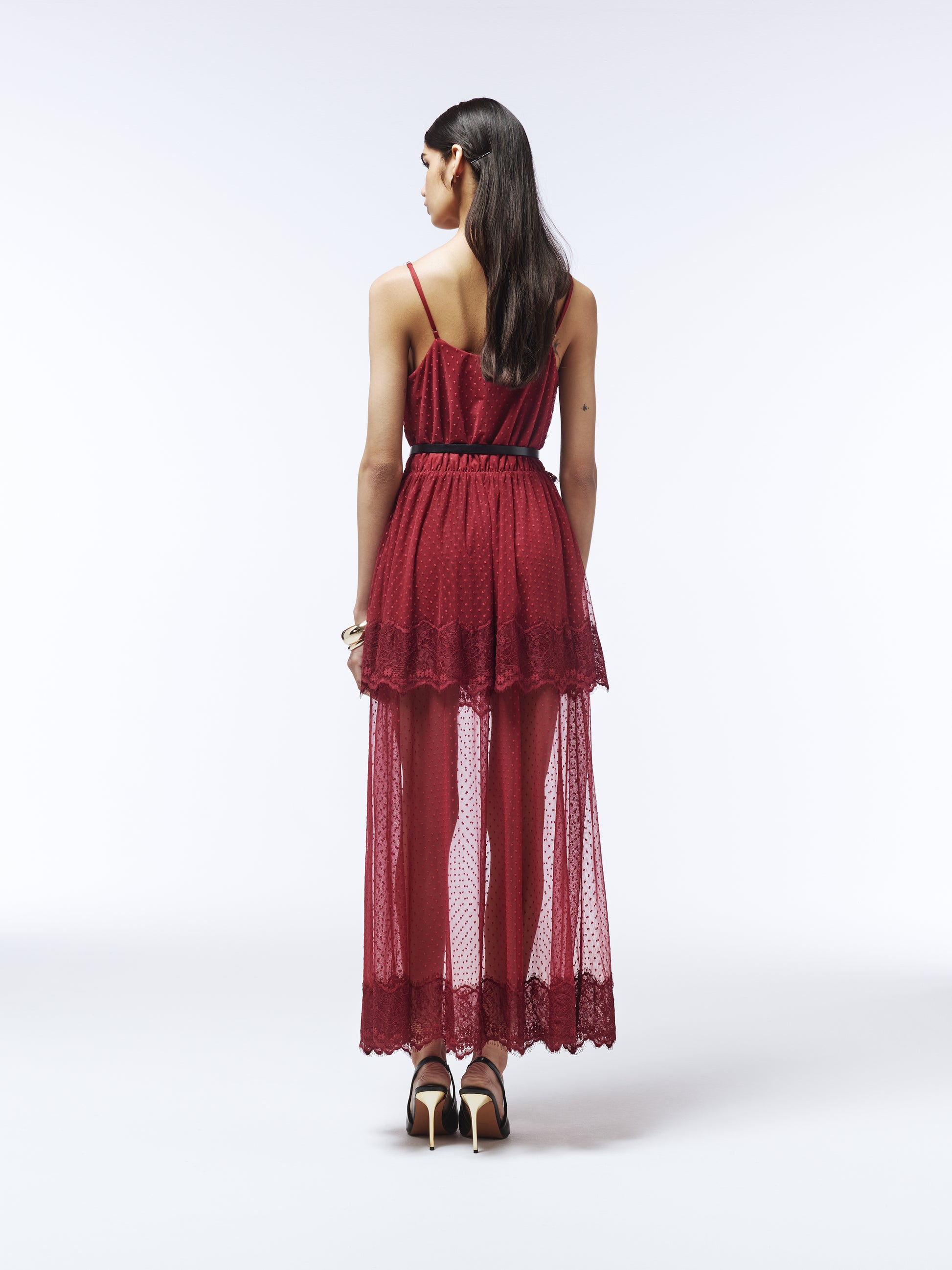 Sour Figs burgundy red lace dress with adjustable straps and semi-sheer hemline