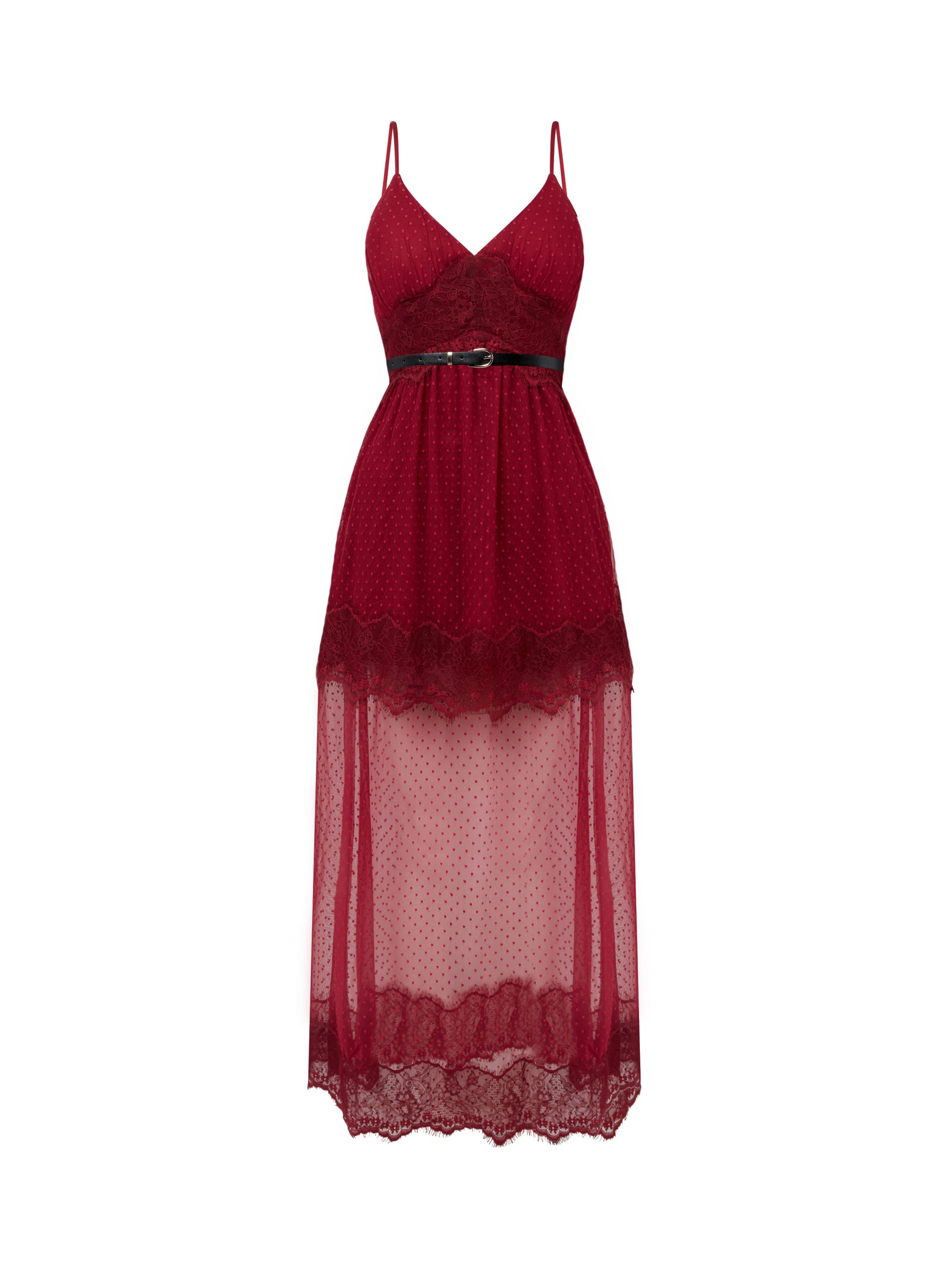 Sour Figs burgundy lace maxi dress with feminine silhouette, ideal for weddings and events