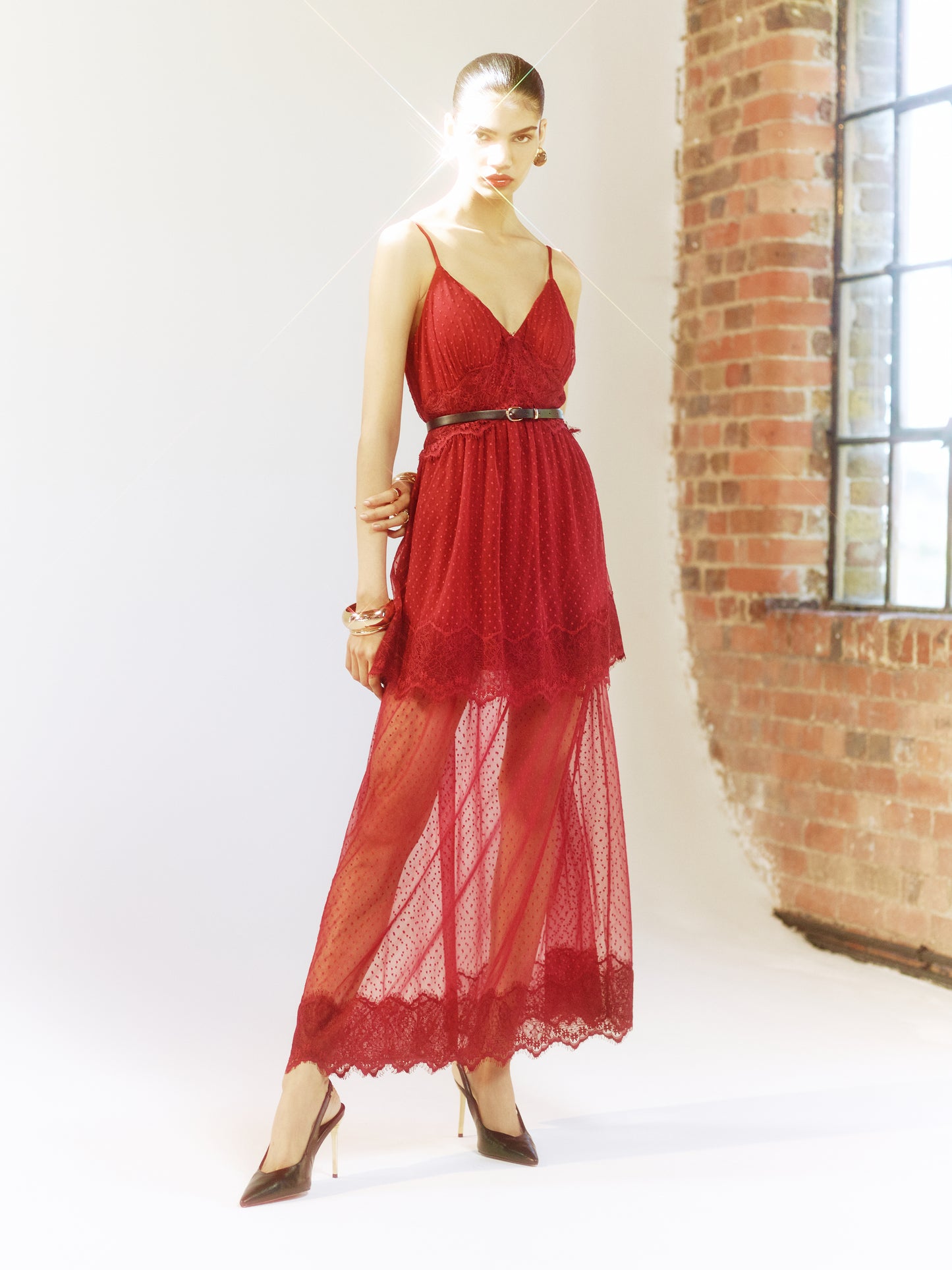 Sour Figs romantic burgundy lace V-neck dress with black belt detail