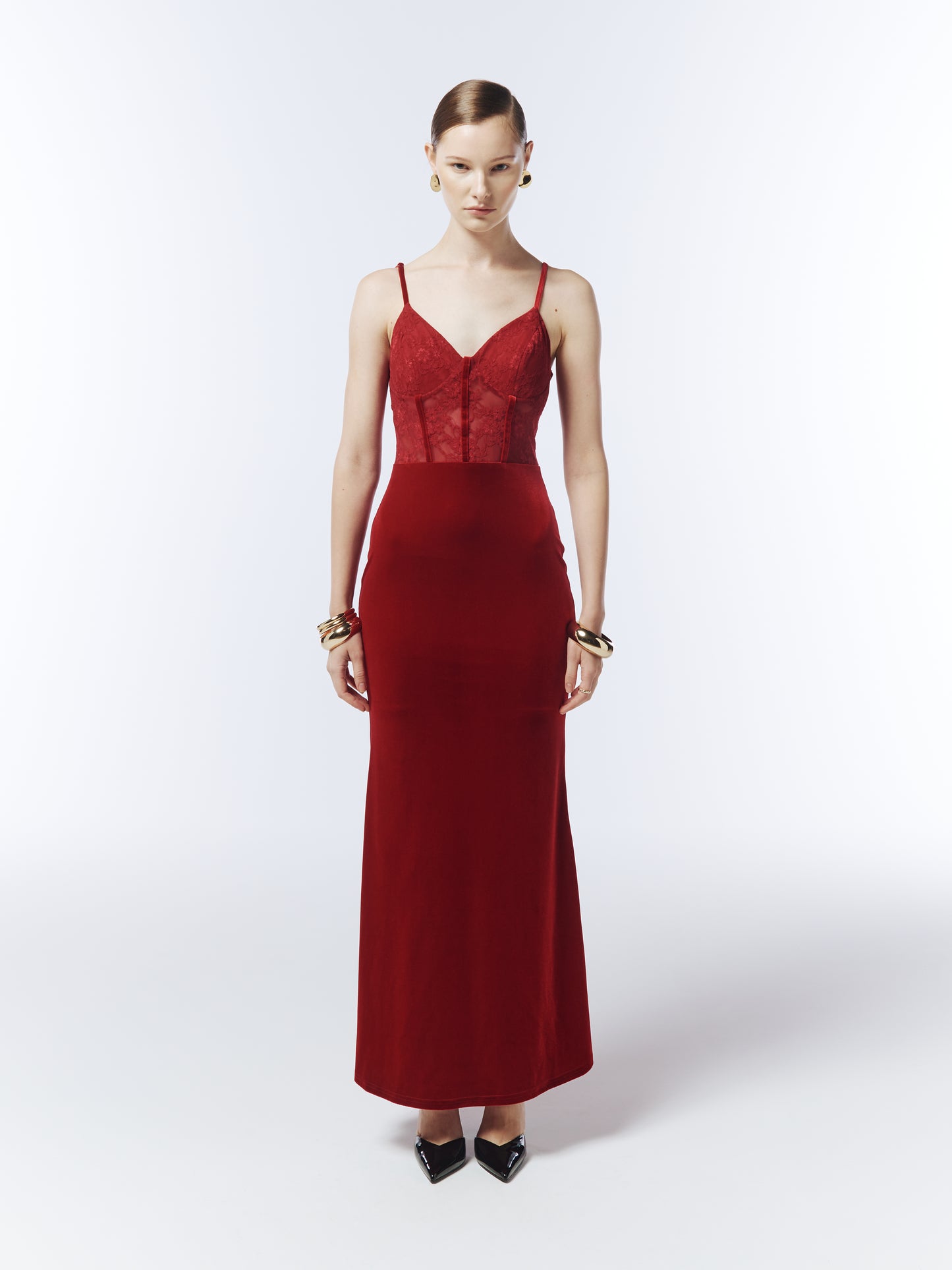 SOUR FIGS Sheer Lace Corset Velvet Maxi Dress in Crimson Red front view