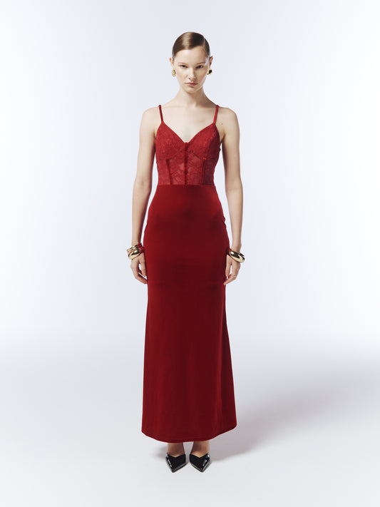 SOUR FIGS Sheer Lace Corset Velvet Maxi Dress in Crimson Red front view