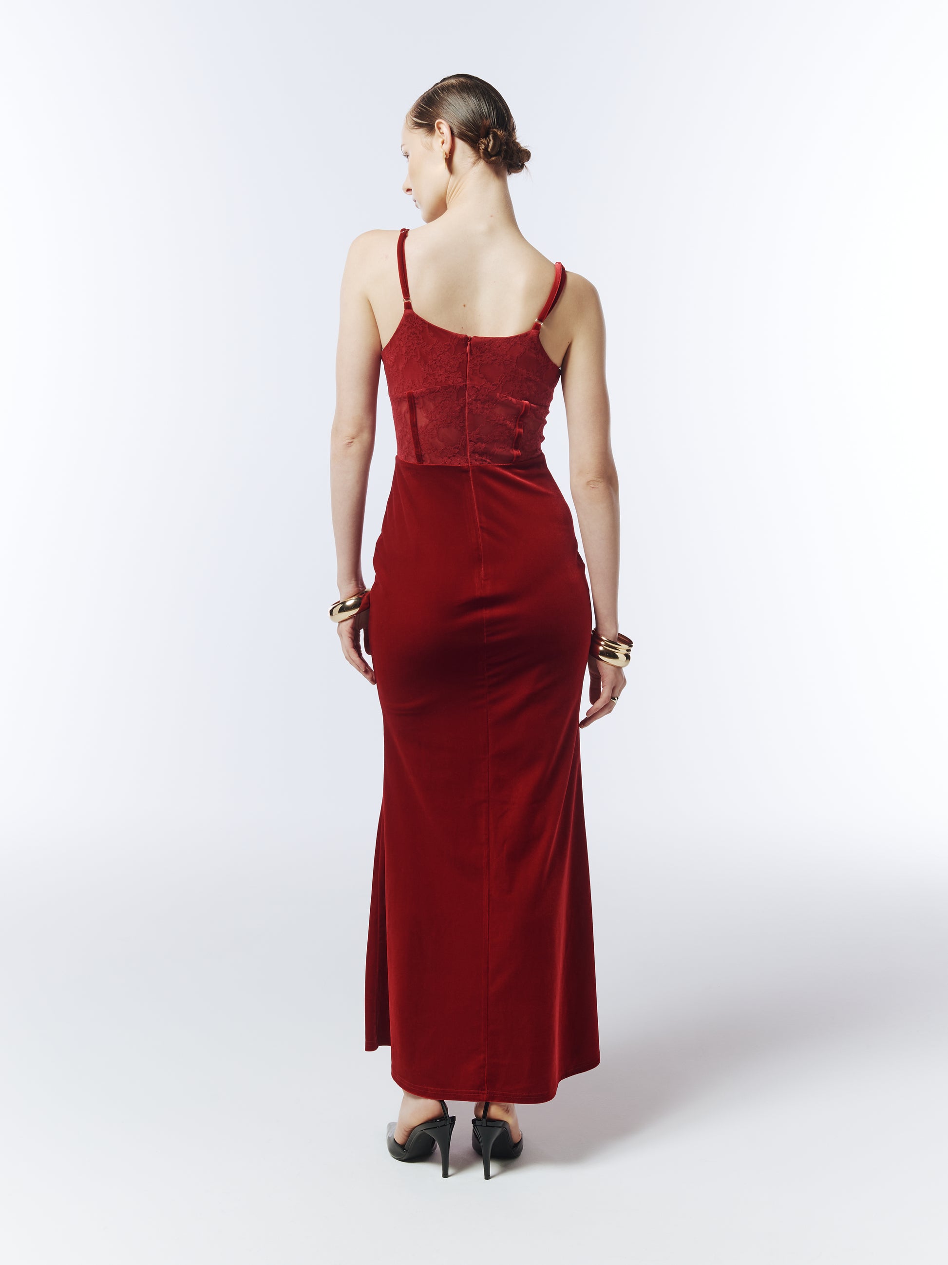 SOUR FIGS back view of Sheer Lace Corset Velvet Maxi Dress in Crimson Red