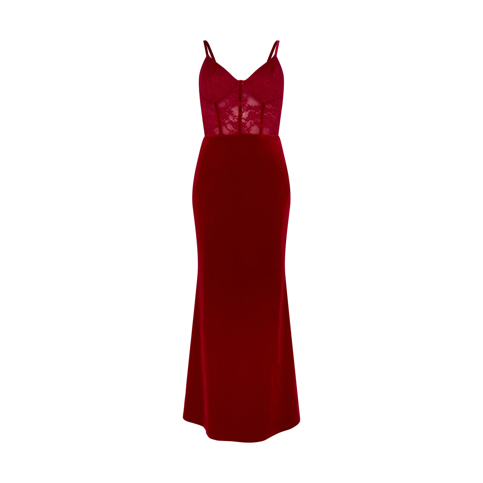Sheer Lace Corset Velvet Maxi Dress in Crimson Red | SOUR FIGS Sheer Lace Corset Velvet Maxi Dress in Crimson Red | SOUR FIGS