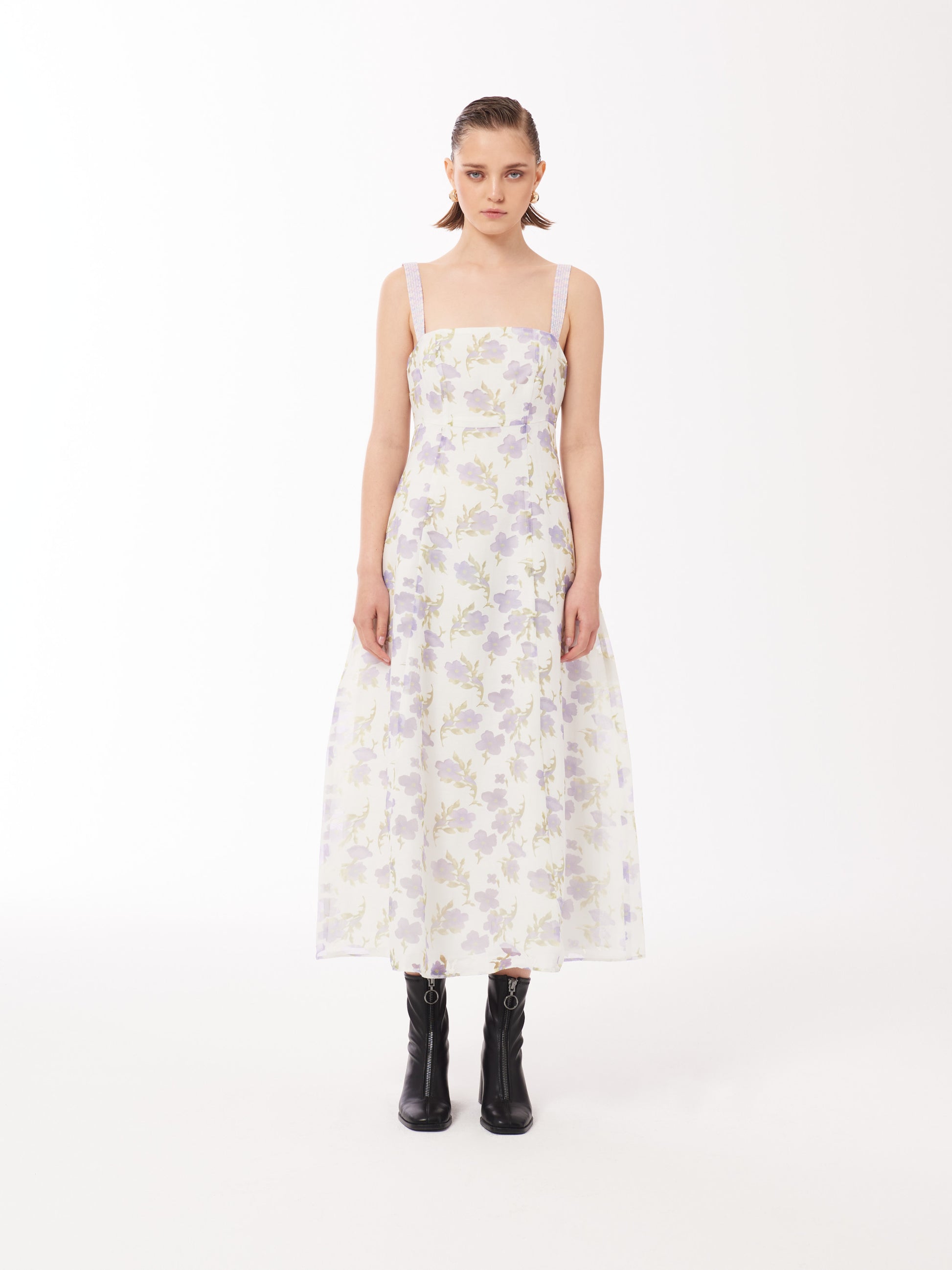 Floral print Midi Dress in White and Lilac allover print