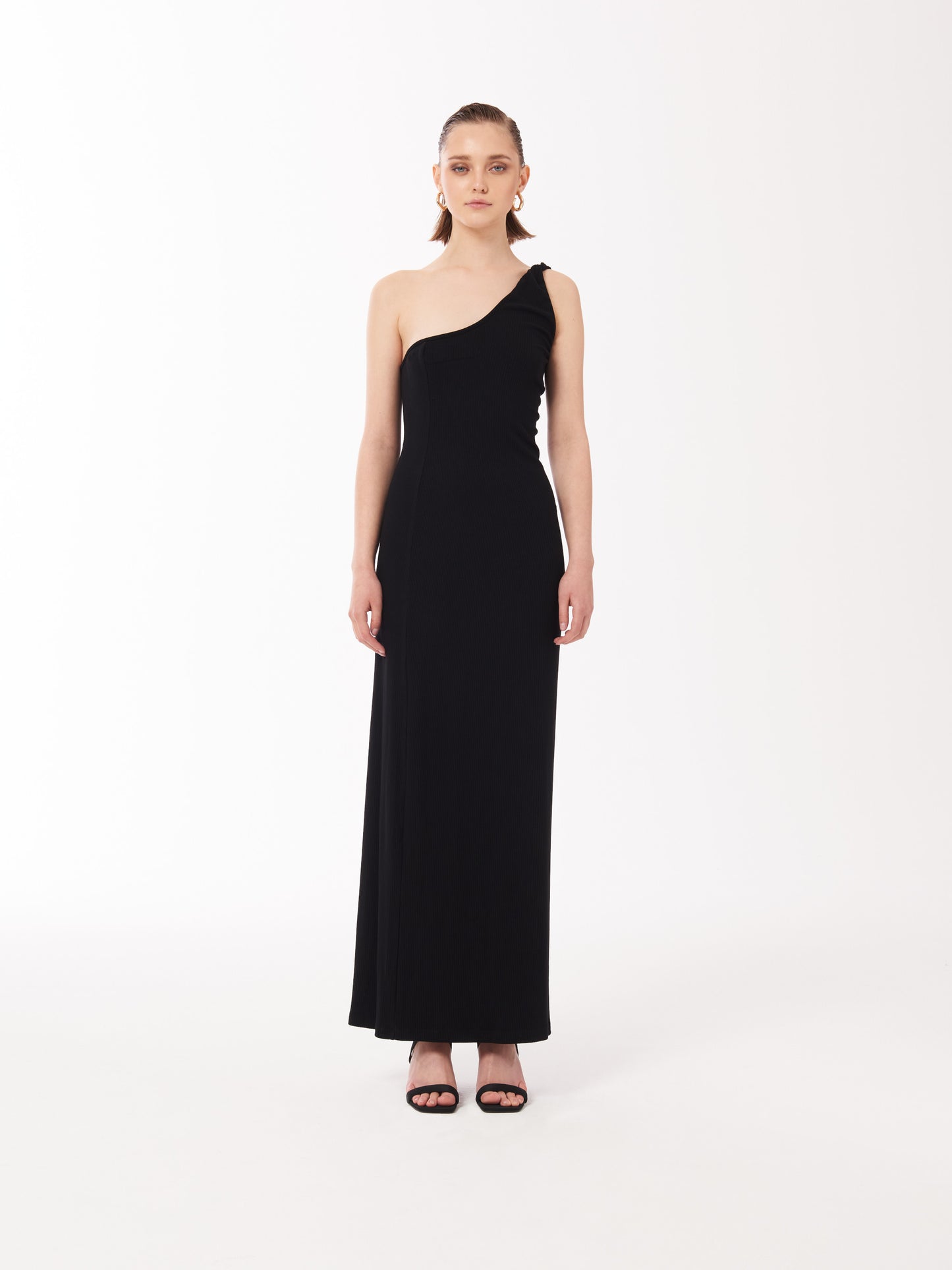 One Shoulder Twisted Strap Maxi Dress in Black