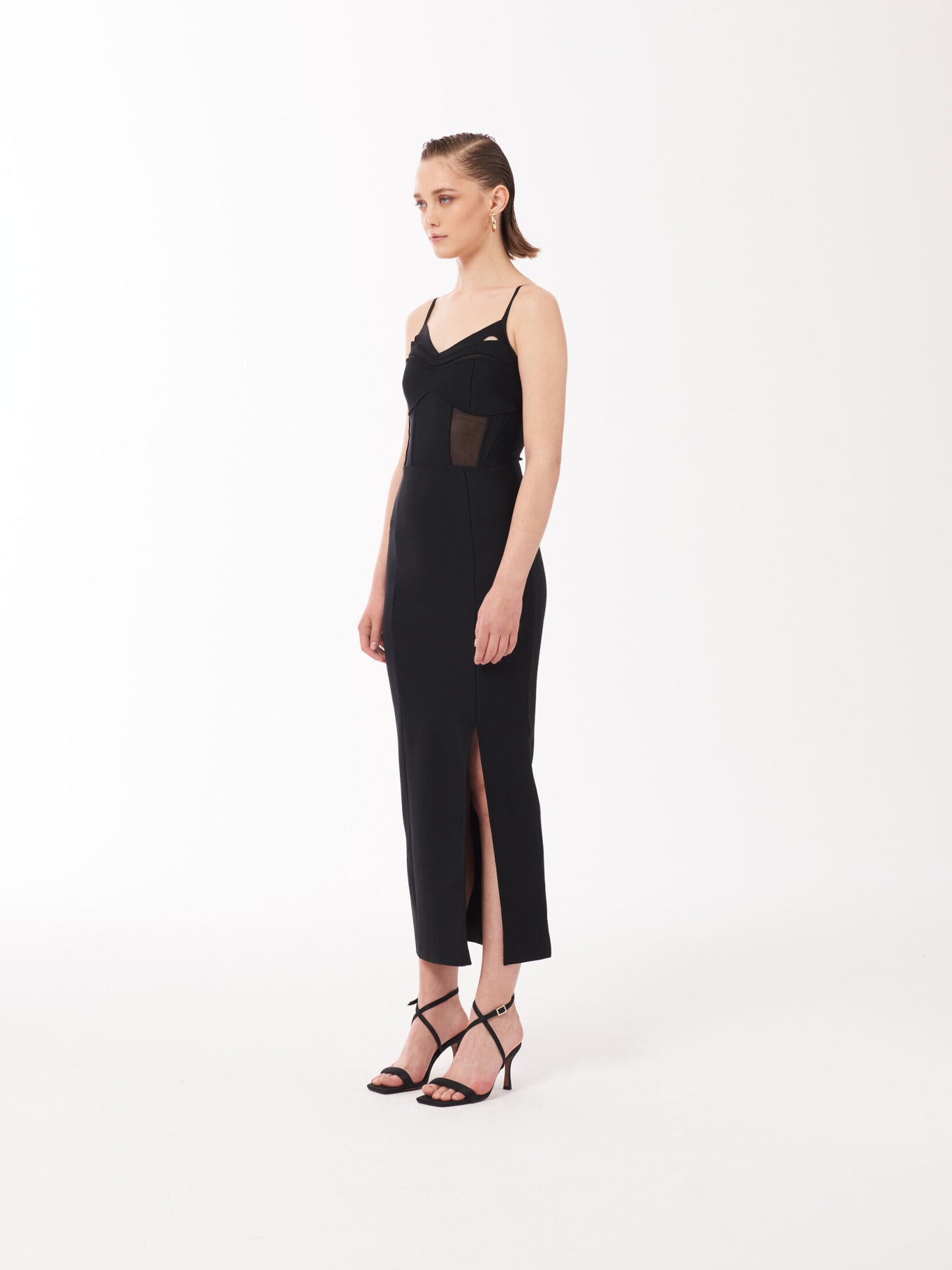 Black Corset style Tulle-paneled dress with side slit designed by Sour Figs Fashion
