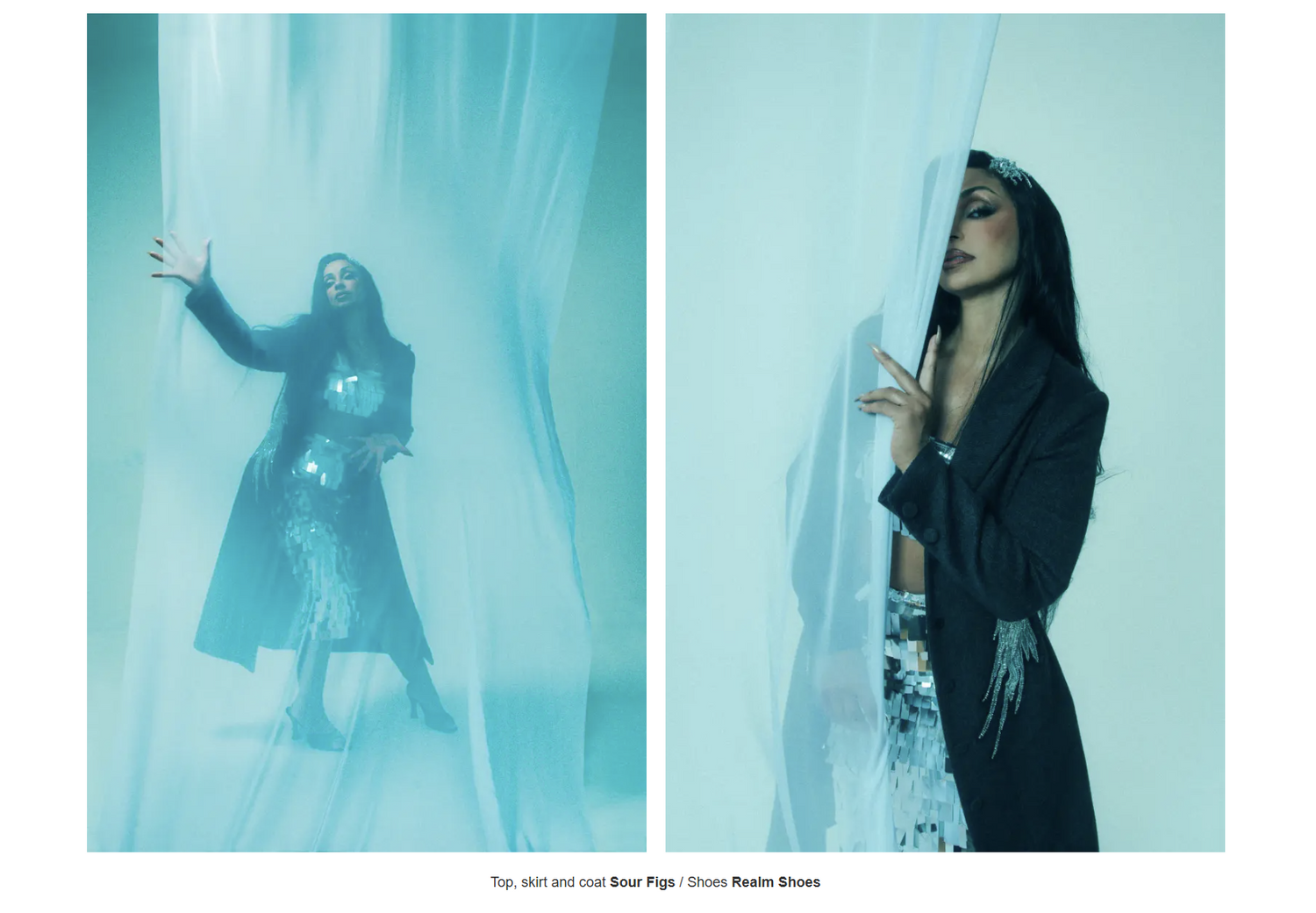 Sour figs featured in principle magazine with singer Mya wearing its sequin dress and wing embellished coat