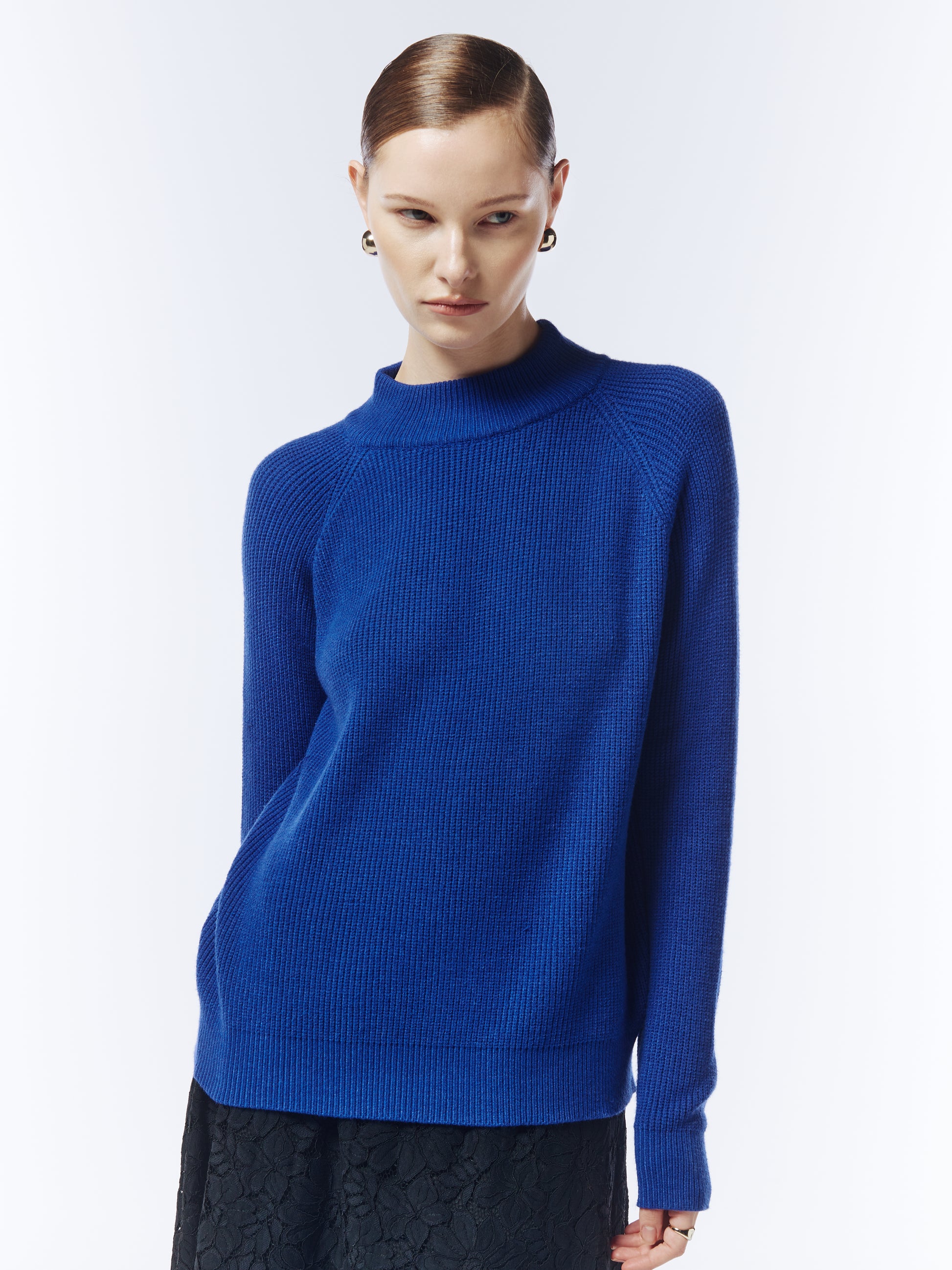 Sour Figs Structured High-Neck Jumper in Sapphire Blue front view on model