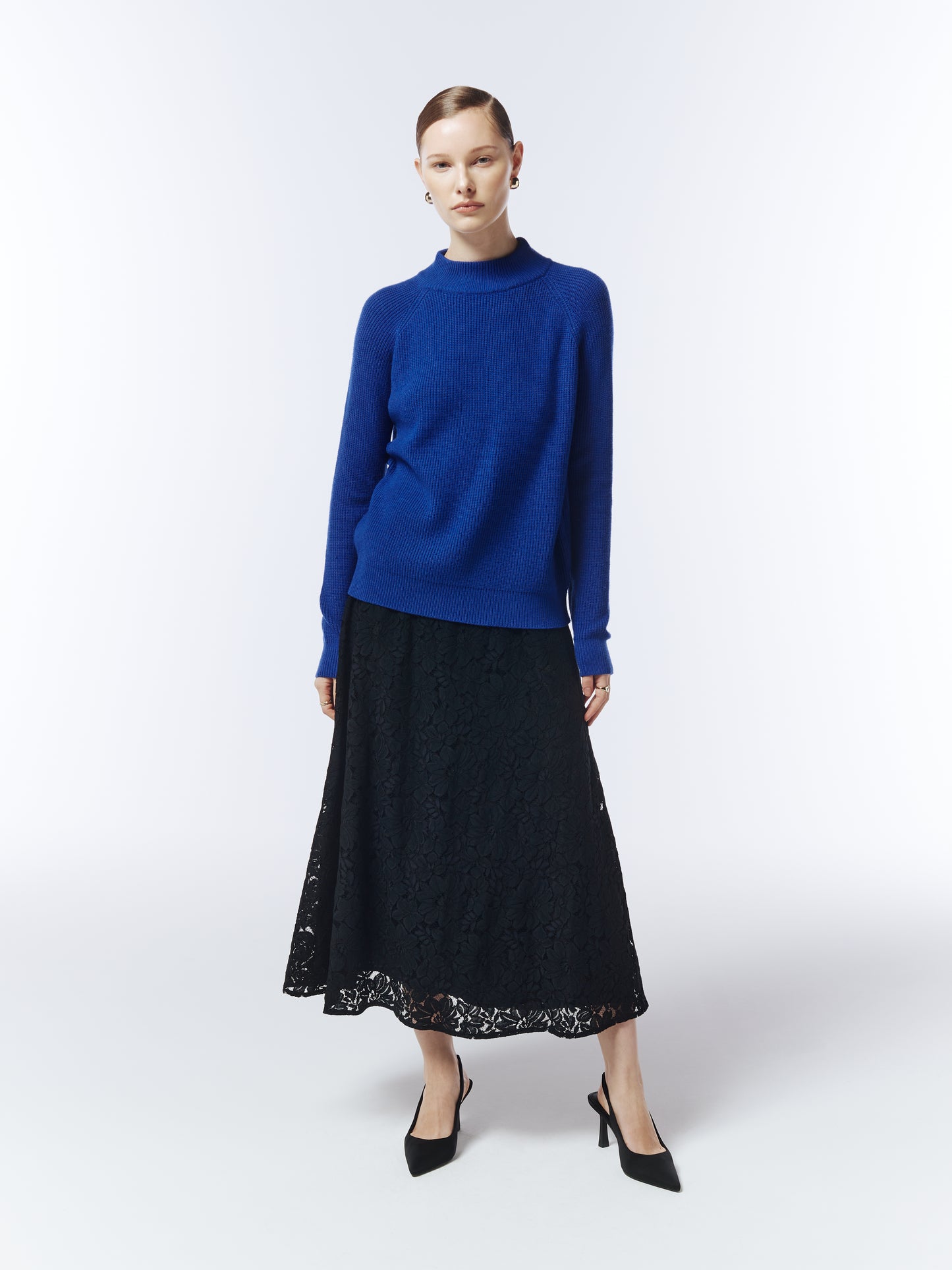 Sour Figs Structured High-Neck Jumper in Sapphire Blue showing ribbed knit texture