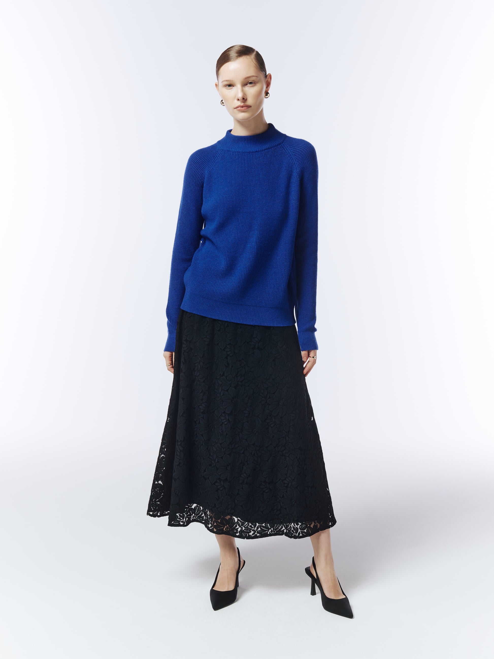 Sour Figs Structured High-Neck Jumper in Sapphire Blue showing ribbed knit texture