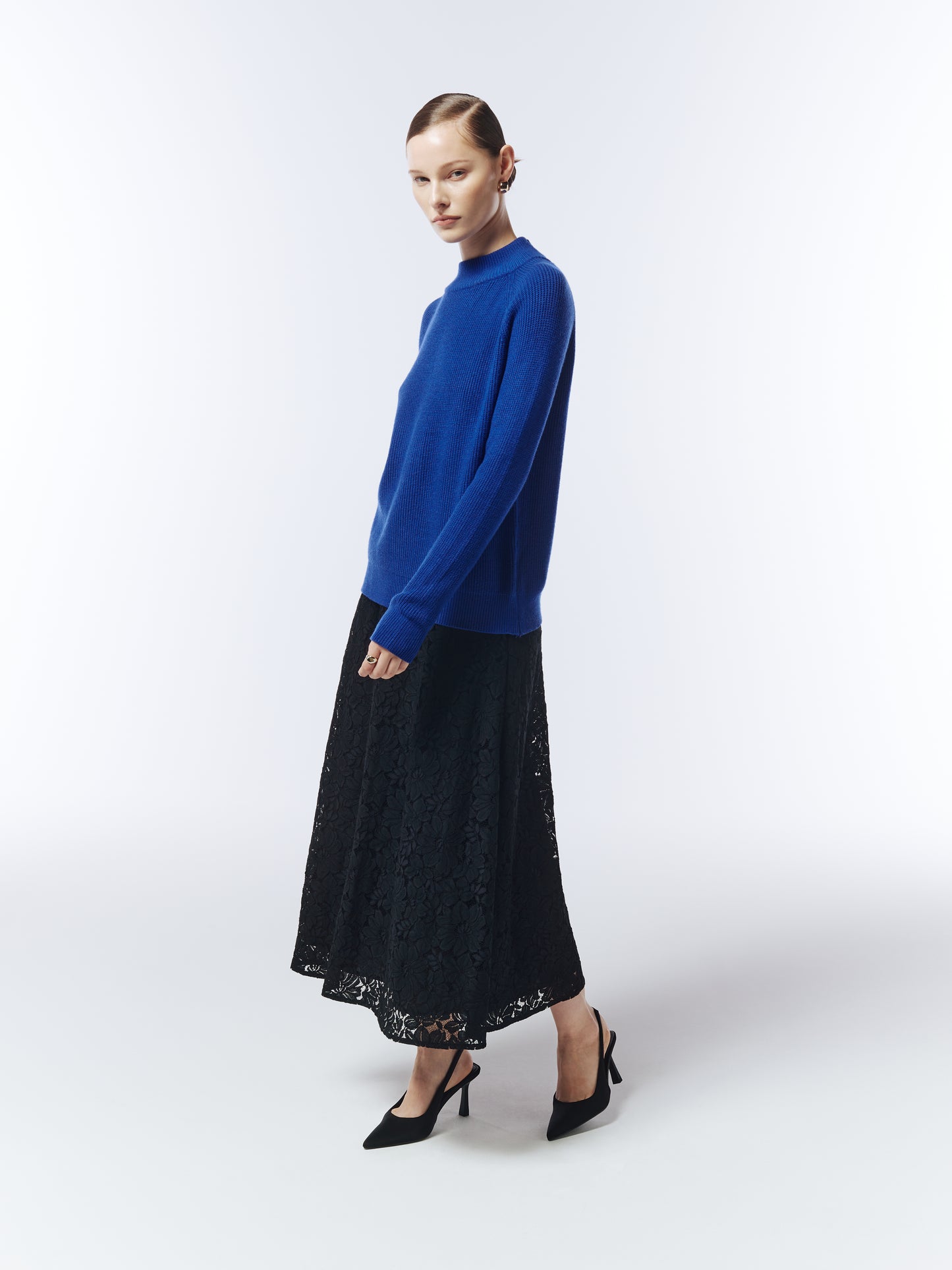 Sour Figs sapphire blue high-neck jumper styled with black lace skirt