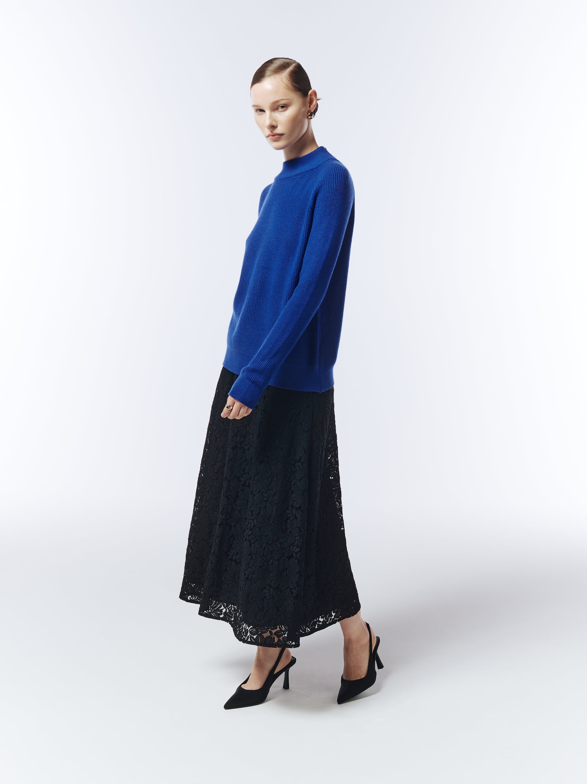 Sour Figs sapphire blue high-neck jumper styled with black lace skirt