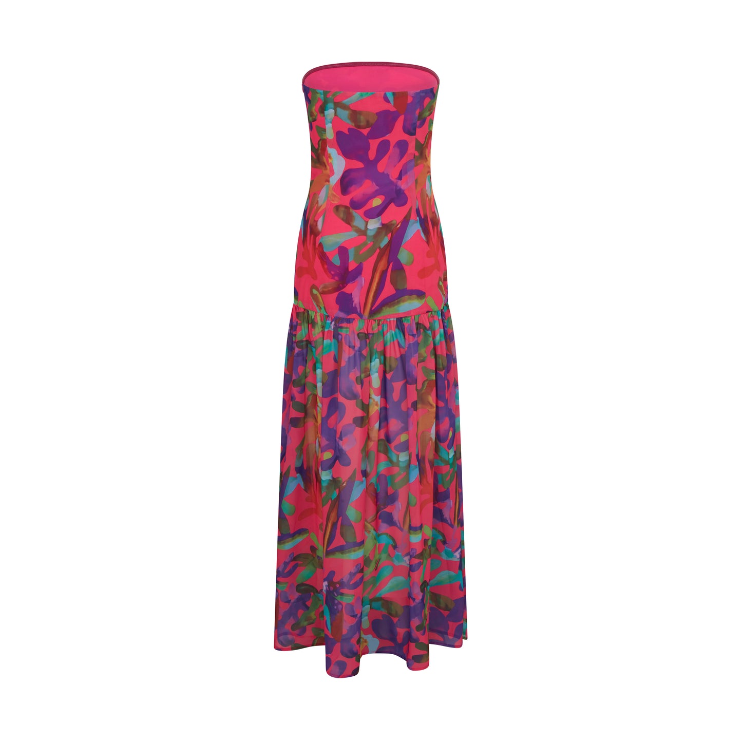 SOUR FIGS Tropical Print Chiffon Dress in Red Pink