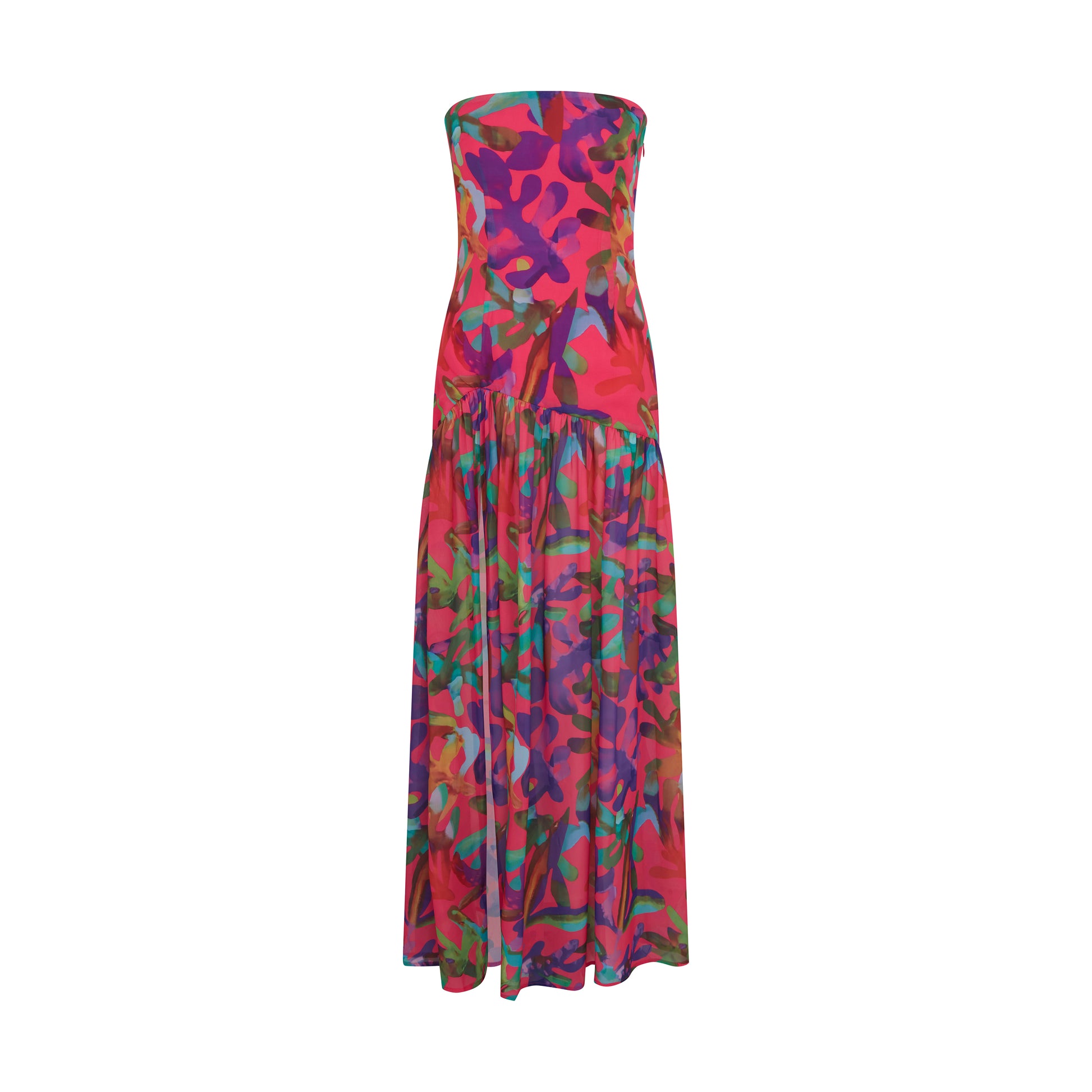 SOUR FIGS Tropical Print Chiffon Dress in Red Pink