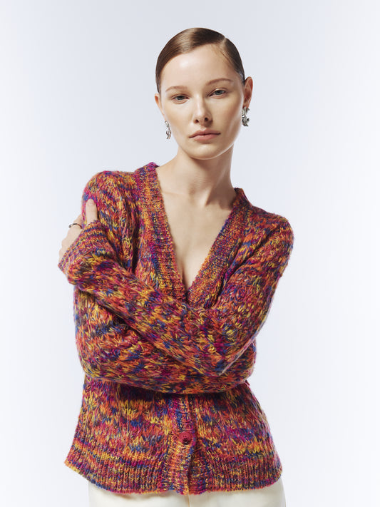 Close-up texture of SOUR FIGS Sunset Ember mélange knit cardigan