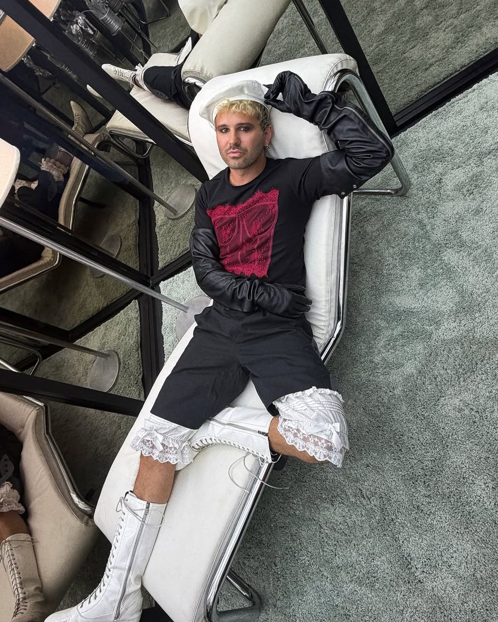 Vince Rossi wearing the SOUR FIGS Lace Corset Illusion Cotton T-Shirt in Black & Crimson Red for a MAC Cosmetics Event.