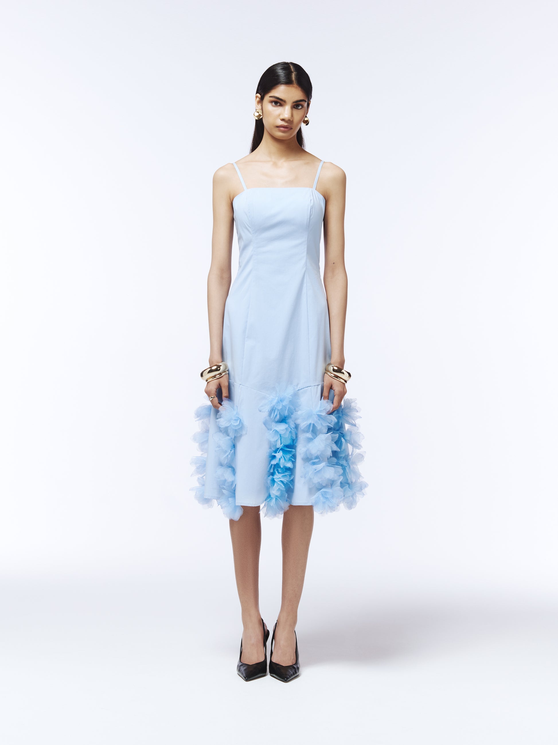 SOUR FIGS light blue midi dress with 3D floral appliqués and watercolour-edge detailing.