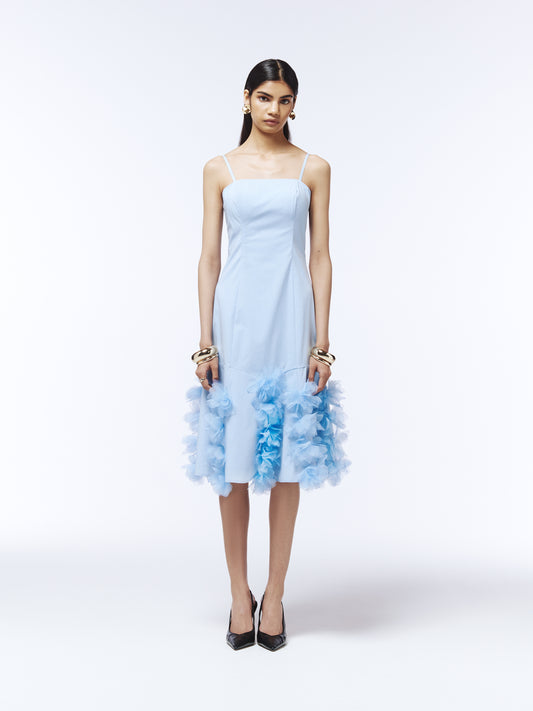 SOUR FIGS light blue midi dress with 3D floral appliqués and watercolour-edge detailing.