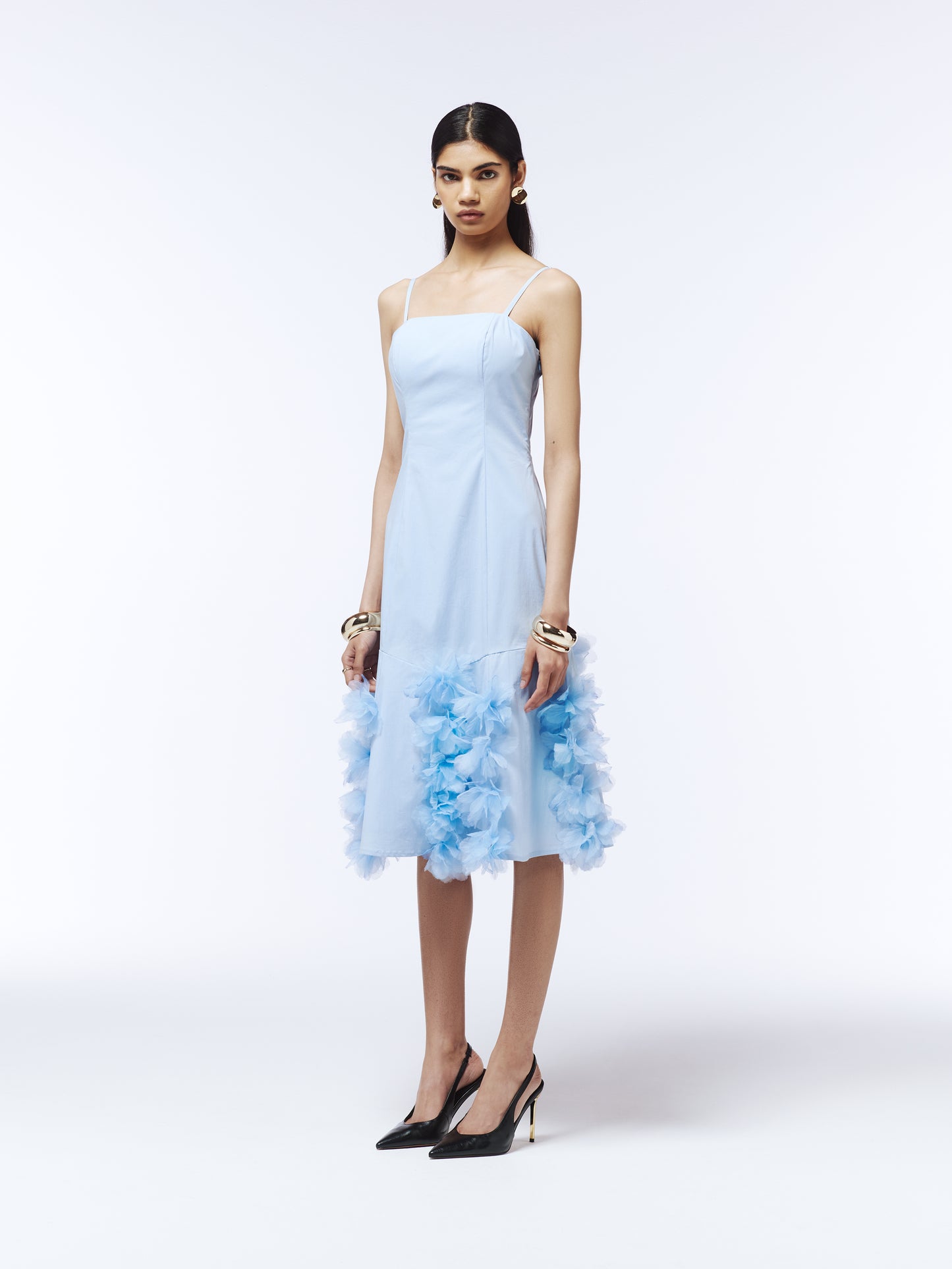 Blue spaghetti strap midi dress featuring romantic flower embellishments with painterly edges by SOUR FIGS.