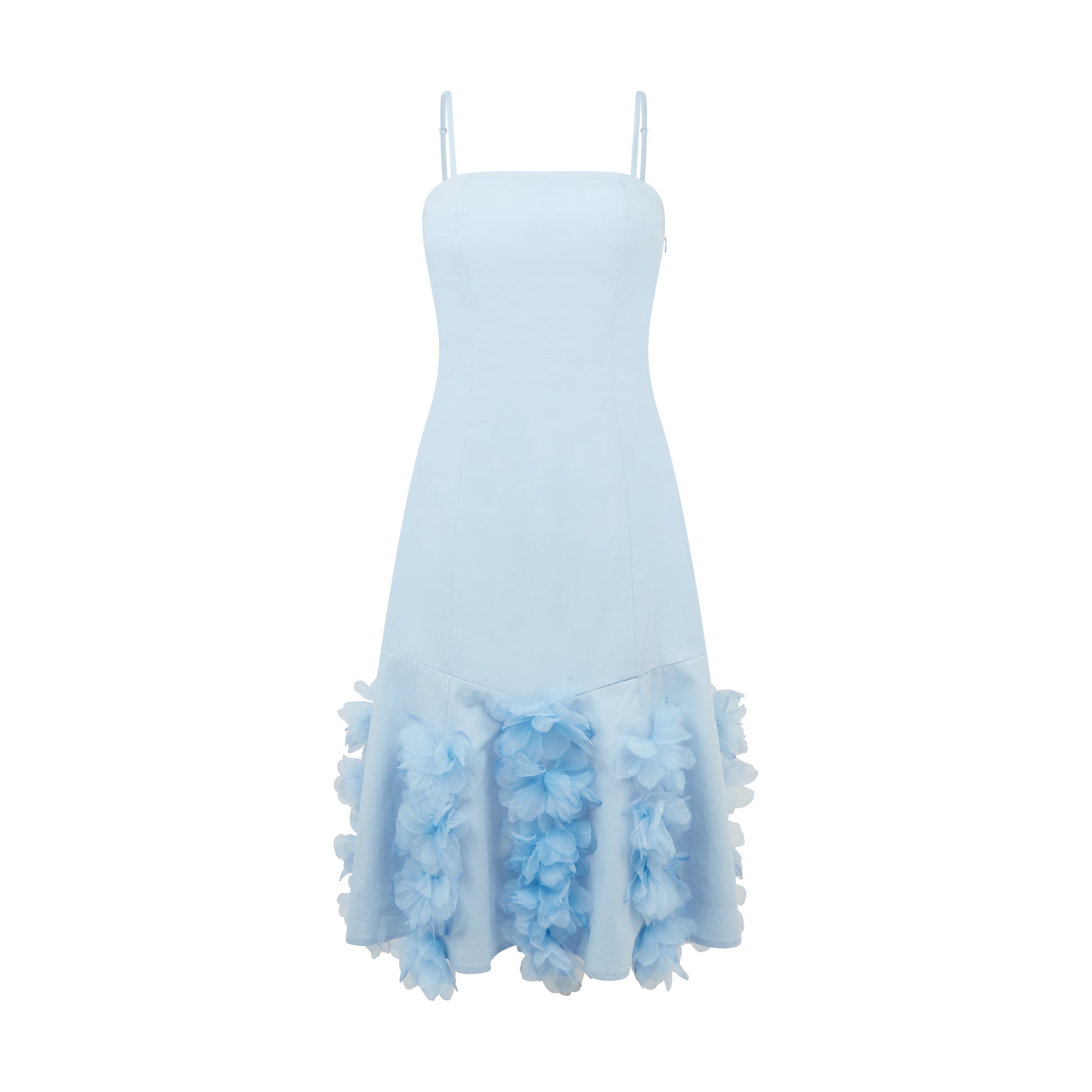 SOUR FIGS blue midi dress with artistic 3D floral embellishments and delicate watercolour-effect trimming.