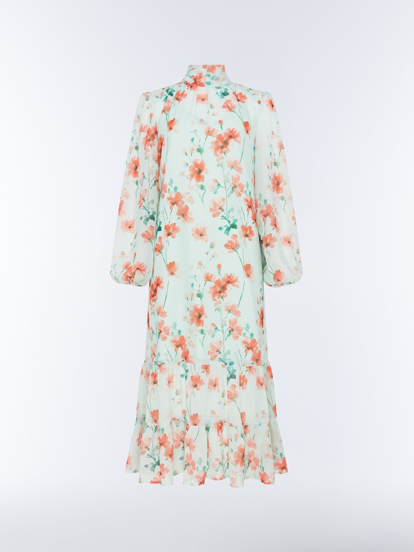 SOUR FIGS Watercolour Floral Scarf-Neck Midi Dress in Seafoam Green with coral blossom print
