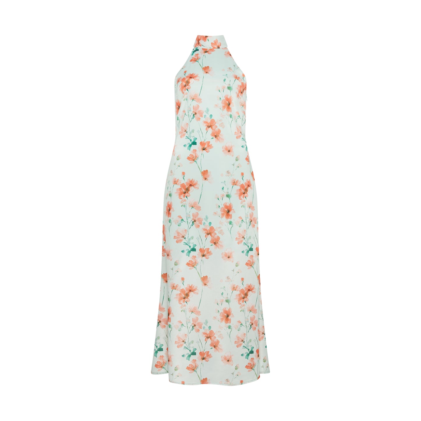 SOUR FIGS Watercolour Floral Scarf-Neck Maxi Dress in Seafoam Green with coral blossom print