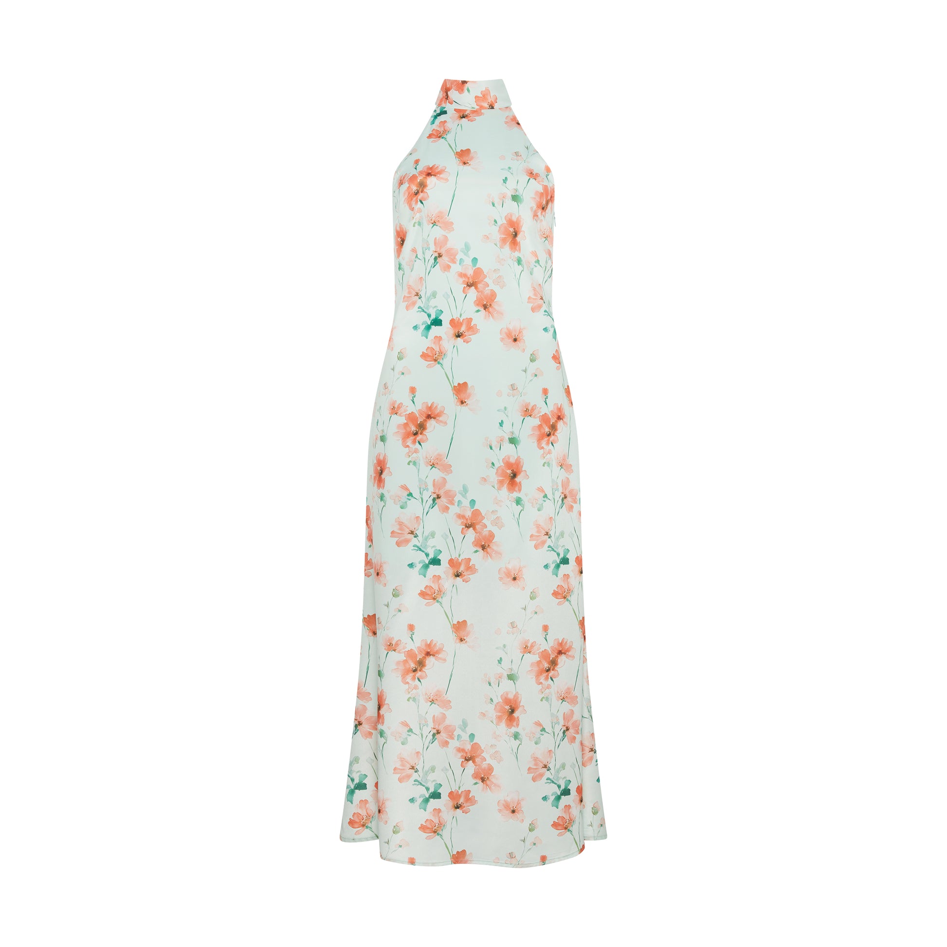 SOUR FIGS Watercolour Floral Scarf-Neck Maxi Dress in Seafoam Green with coral blossom print
