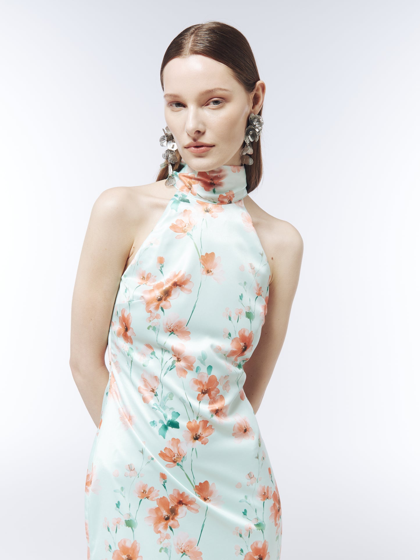 SOUR FIGS halterneck summer maxi dress with a soft lustrous finish and scarf detail