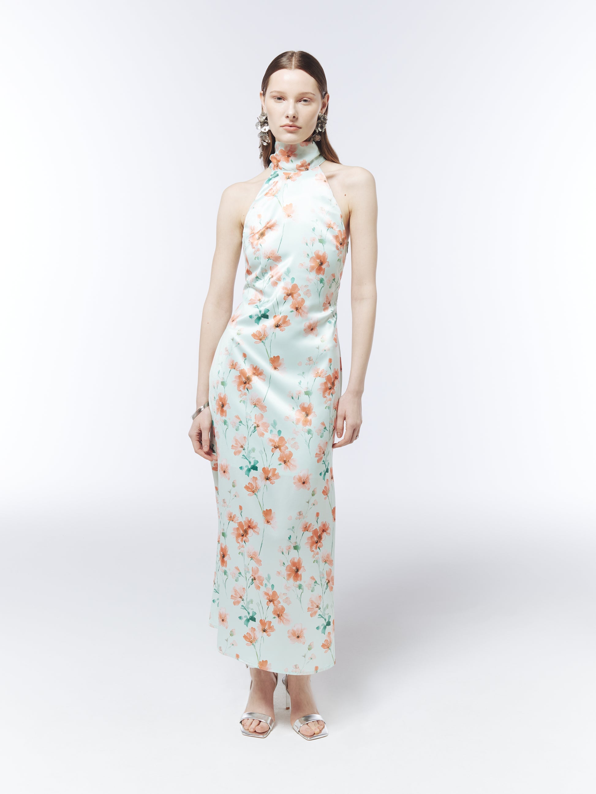 SOUR FIGS scarf-neck occasion dress with long draped back tie in Seafoam Green